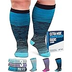 Doctor\'s Select 3 Pairs Plus Size Compression Socks Wide Calf - Up to 6XL | 20-30 mmHg Compression Socks for Women Wide Calf | Blue, Light Blue, Purple & Pink (Stripes)
