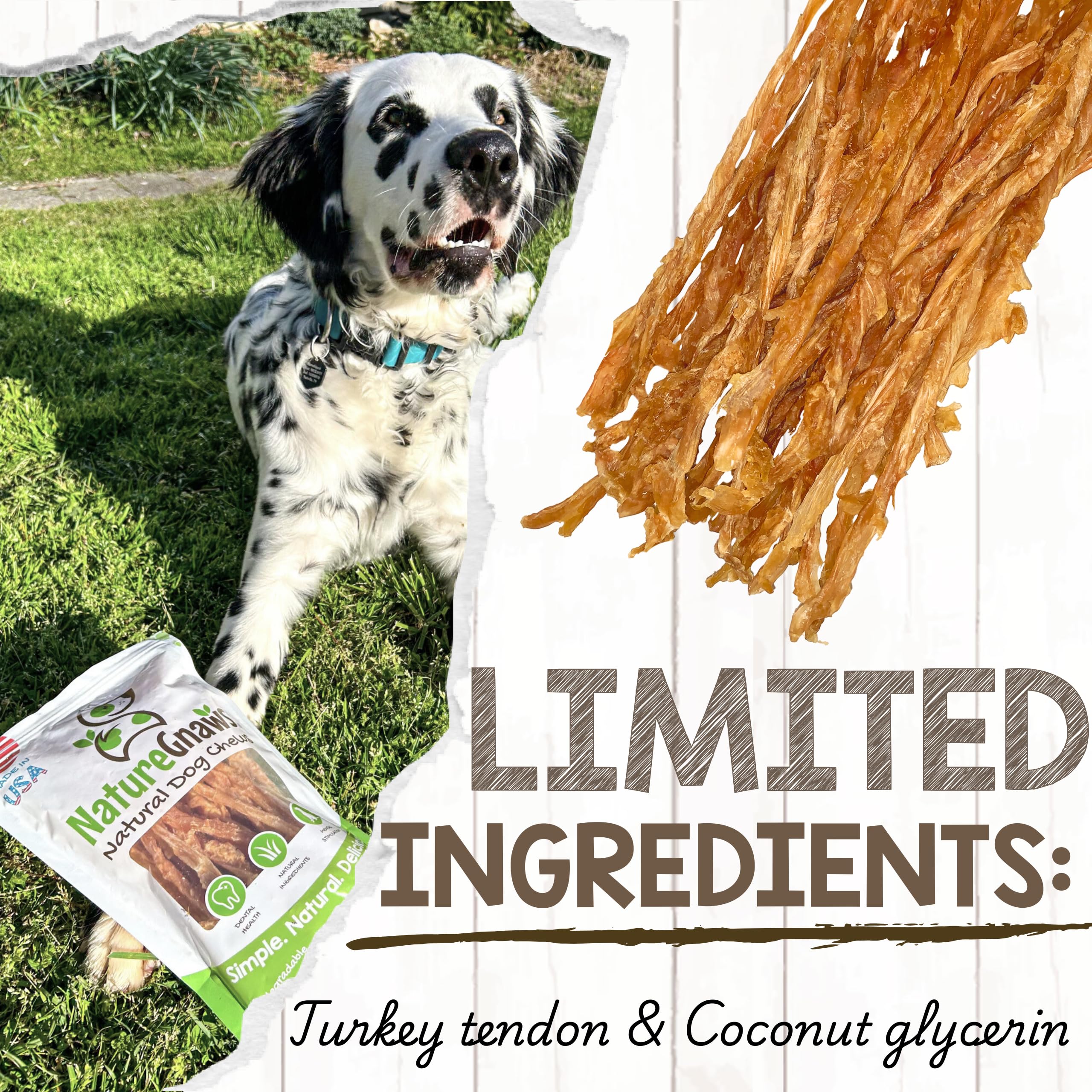 Nature Gnaws Tendones de Pavo para Perros (227 ml) – Delicioso Aperitivo de recompensa sin Cereales para Razas pequeñas, Medianas y Grandes – golosinas Naturales Perros