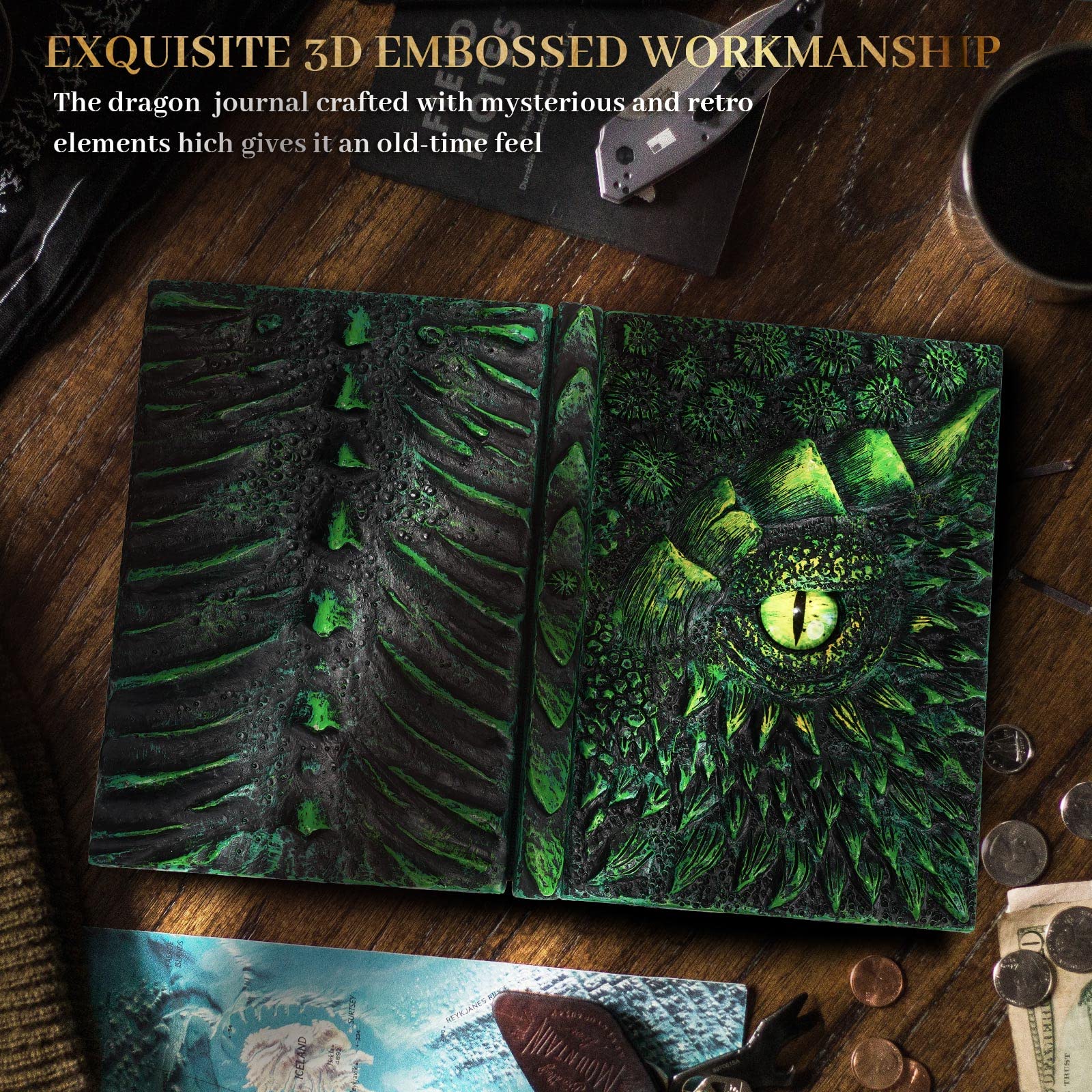 molshine Journal de dragon en relief 3D A5 (7,3" x 5,1"), carnet gravé en résine, 100 feuilles vierges, carnet de voyage à couverture rigide, bon pour l'écriture, carnet de croquis, cadeau (Vert)
