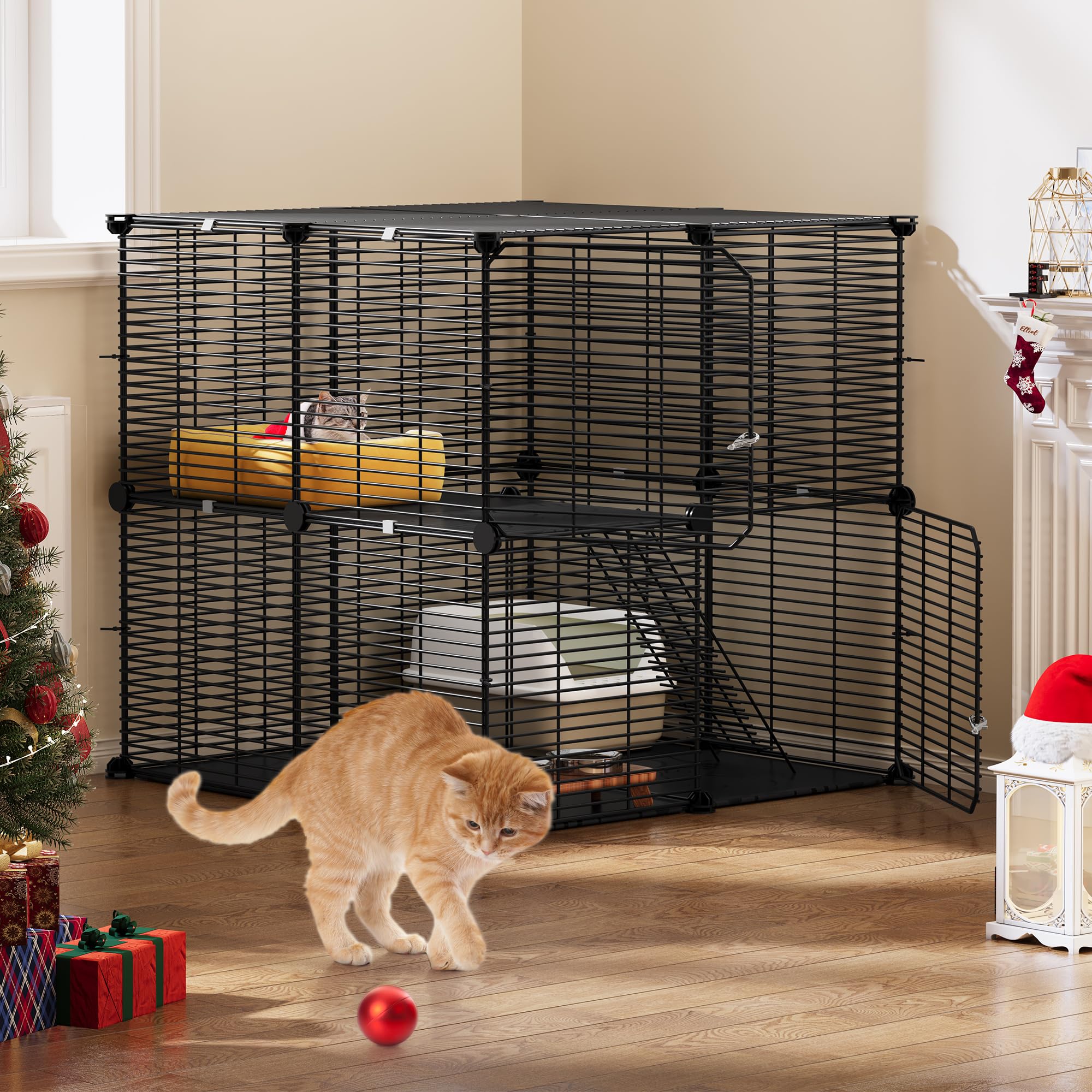 YITAHOME Gabbia per Gatti da Esterno/Interno, Recinto per Gatti con 2 Porte, 1 Scale, Box per Gatti in Metallo a 2 Livelli, Gabbia con Filo Metallico Denso per Gatti, Chinchilla, Coniglio, Nero