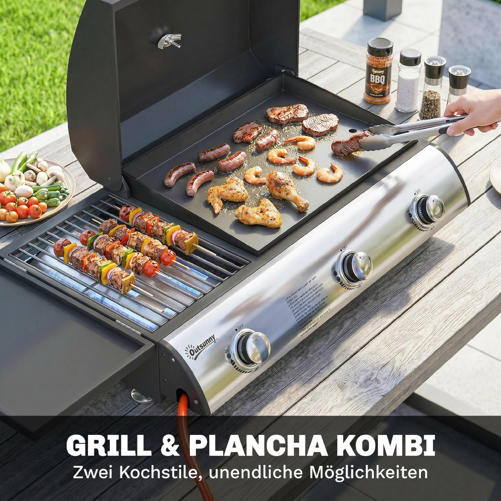 Outsunny Barbecue à gaz 7,5 kW portable avec 3 brûleurs, table latérale, plaque de cuisson en émail, grilles de cuisson amovibles, bac récupérateur de graisse, thermomètre, barbecue à gaz de table
