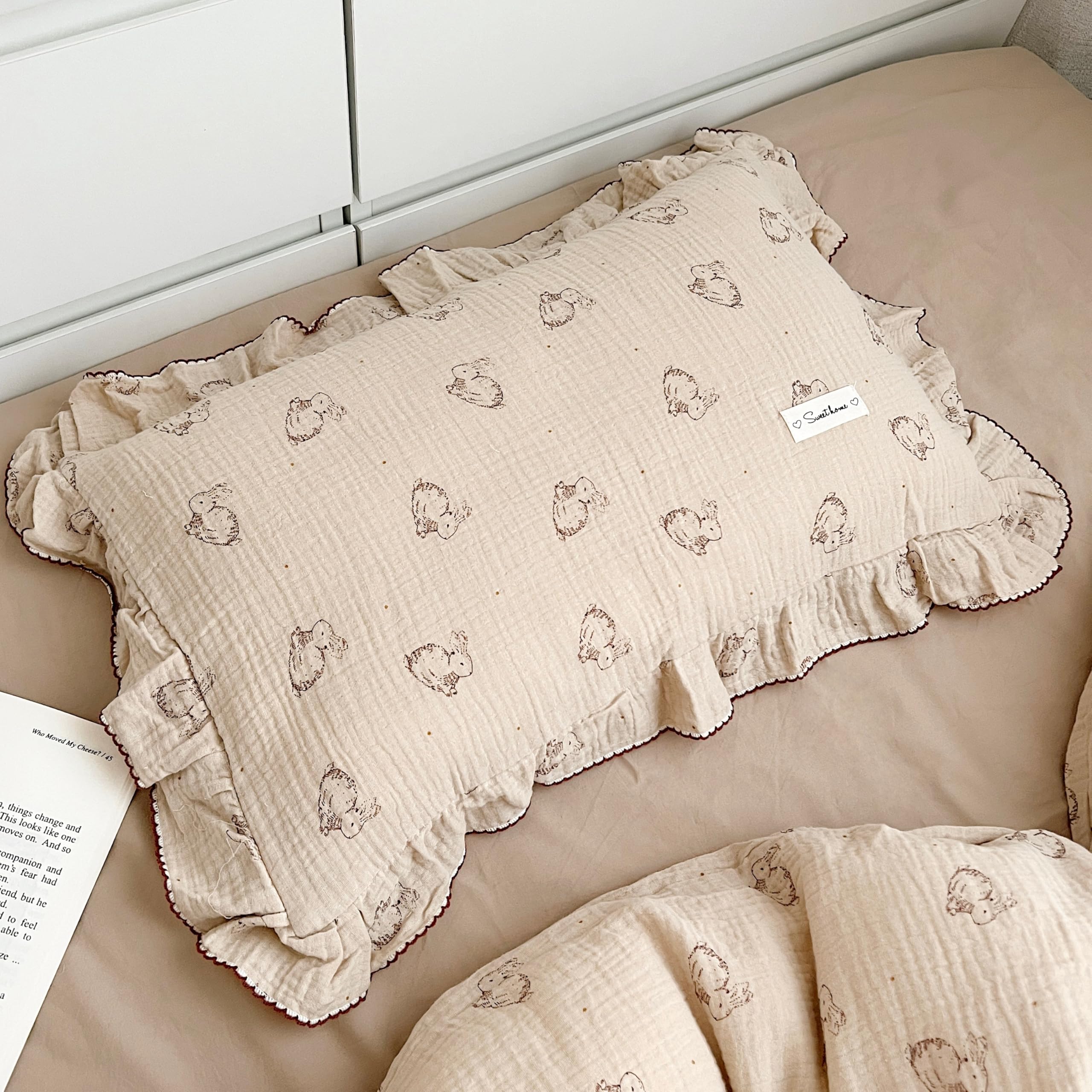 AOJIM Cute Rabbit Muslin Cotton Kids Toddler Pillowcase for Boys Girls Super Soft Baby Crib Bedding Pillowcase with Ruffle Edges Machine Washable Nursery Pillowcase, Durable Kids Pillow Cover, 28*18'' — image 1