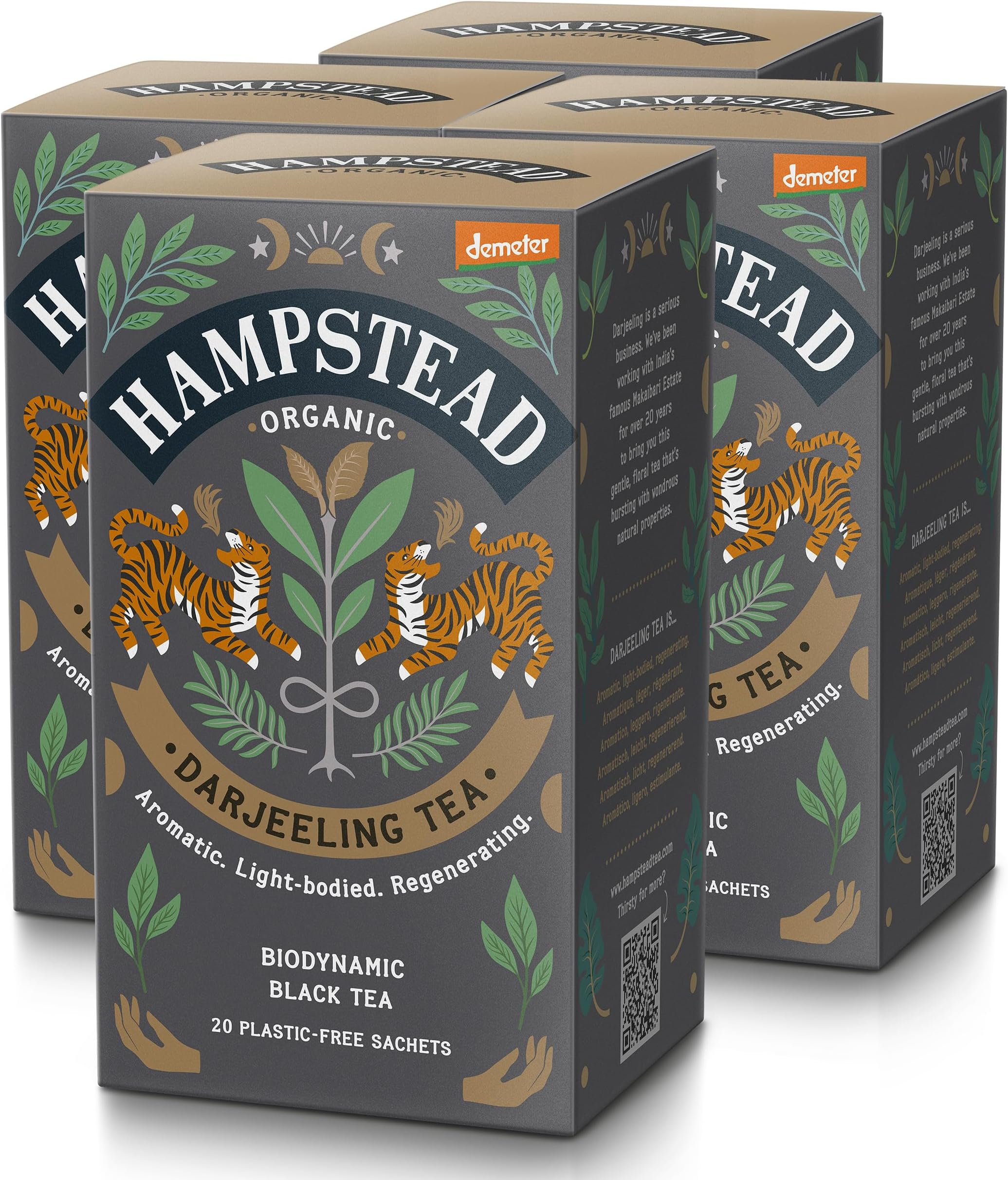 – Hampstead Organic & Biodynamic Darjeeling Tea Bags (4 Packs of 20), Light Black Leaf Infusion from Makaibari Estate, Floral & Aromatic, Home-Compostable Packaging