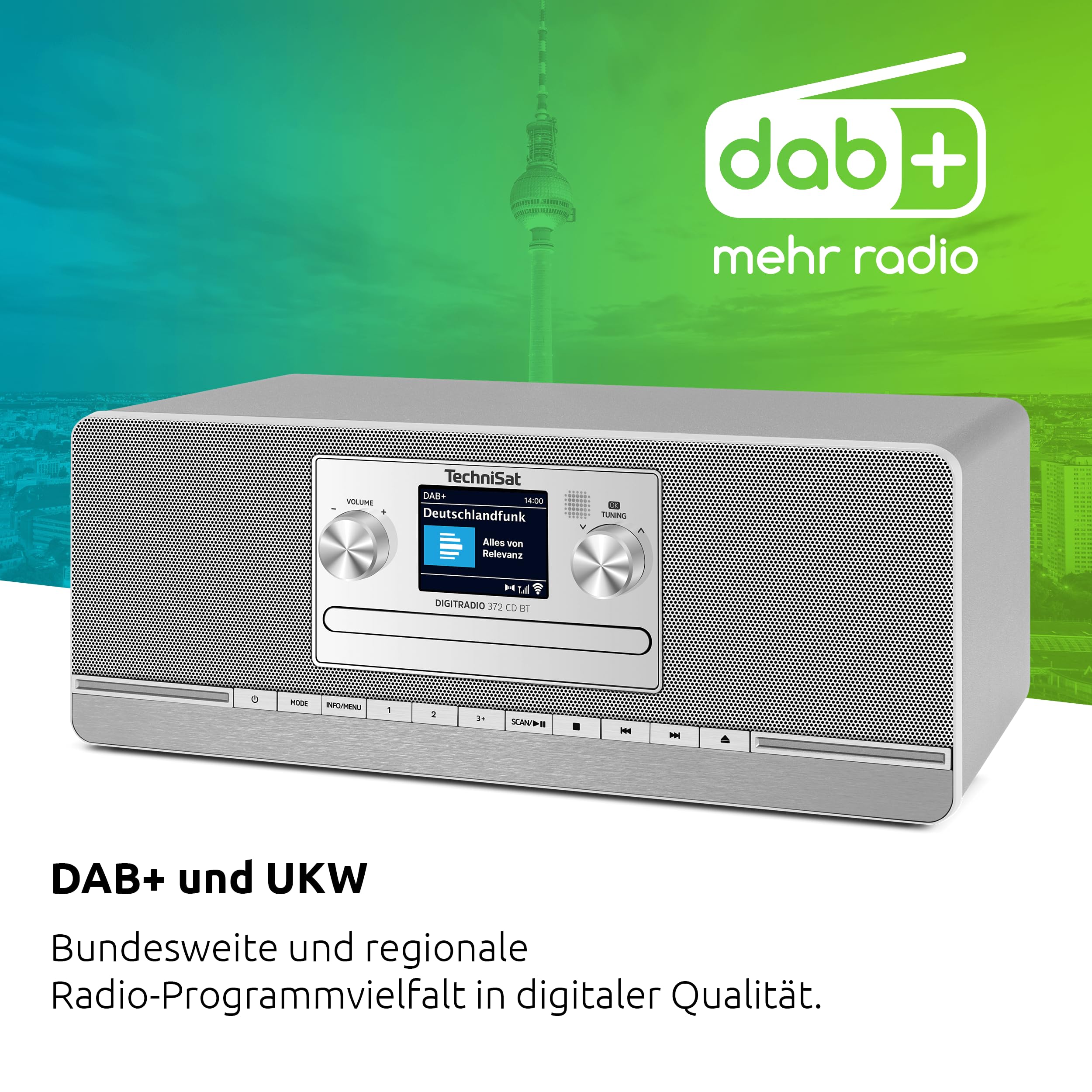 TechniSat DIGITRADIO 372 CD BT - Stereo Digitalradio, Kompaktanlage mit DAB+, UKW, CD-Player, Bluetooth, Farbdisplay, USB, AUX, Kopfhöreranschluss, Wecker, 10 Watt, Fernbedienung - Silber