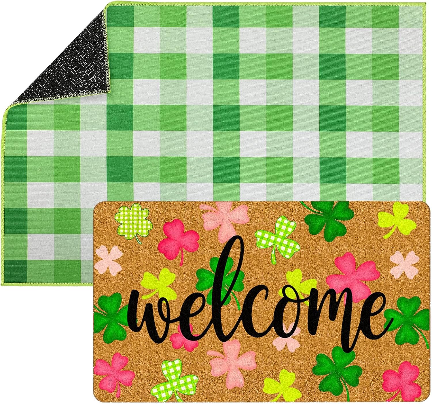 Tinideya 2 Pcs Four Leaf Clover Welcome Doormat 23x35 in St. Patrick's Day Layered Buffalo Plaid Carpet Coquette Non Slip Green Bathroom Coir Mats for Entrance Porch Indoor Outside Home Irish Decor