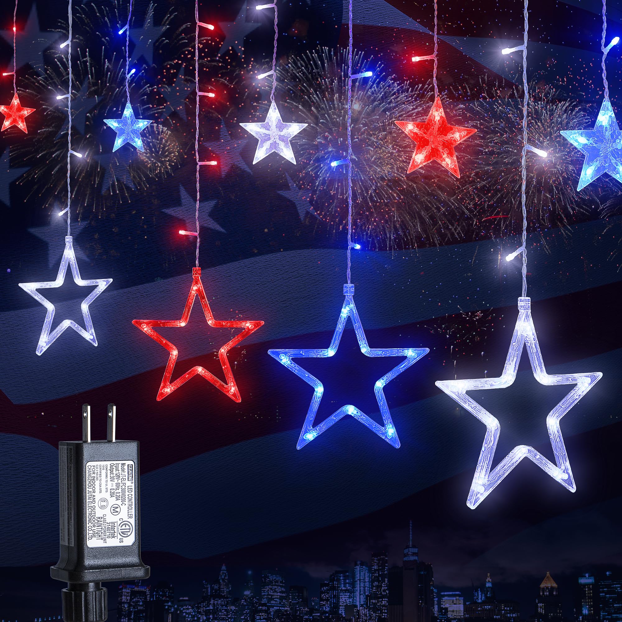 MYGOTO Patriotic Star Icicle Curtain Lights