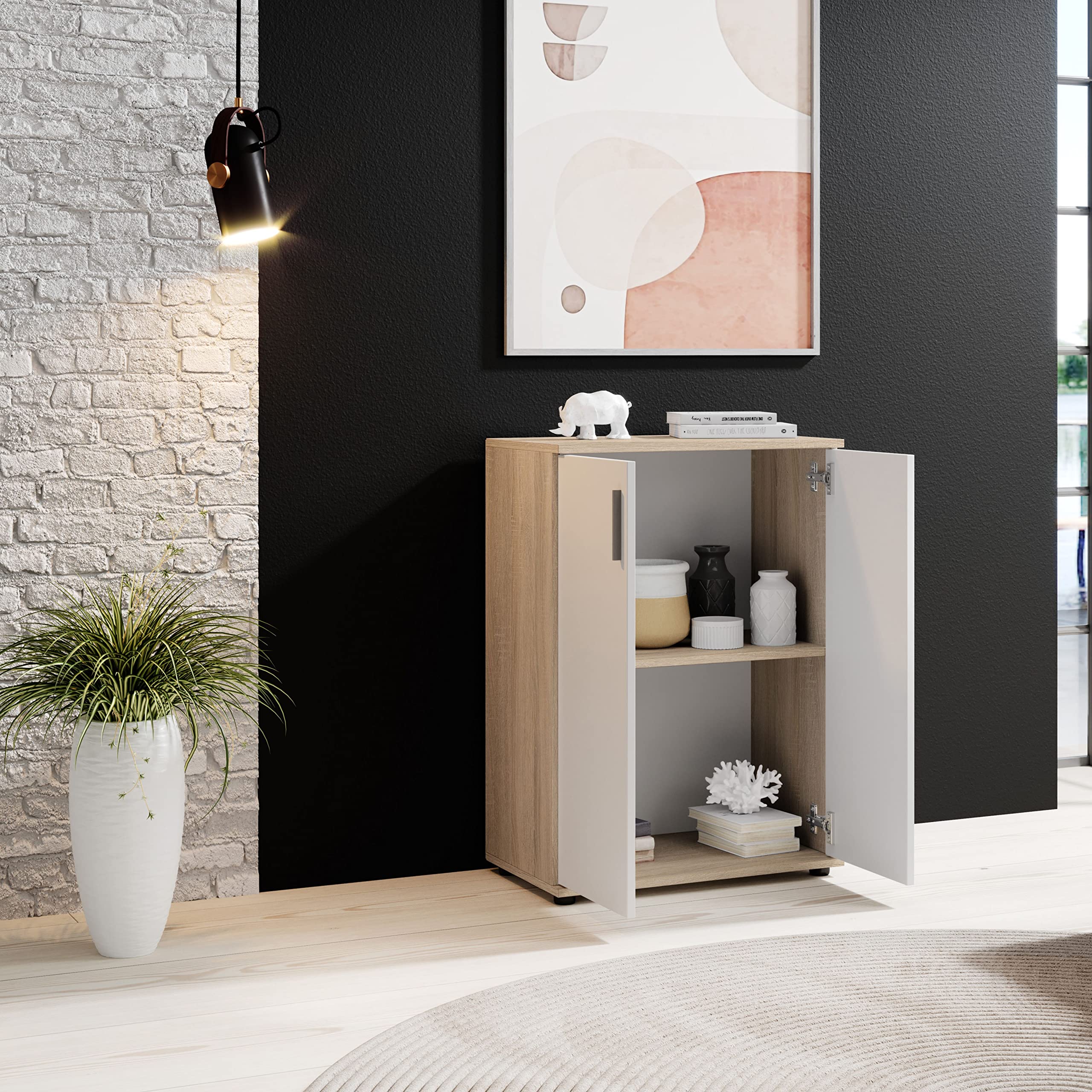 Stella Trading BOBBY, Cassettiera, effetto rovere Sonoma, bianco, credenza elegante con ampio spazio disponibile per la zona giorno; 60 x 82 x 35 cm, L x A x P