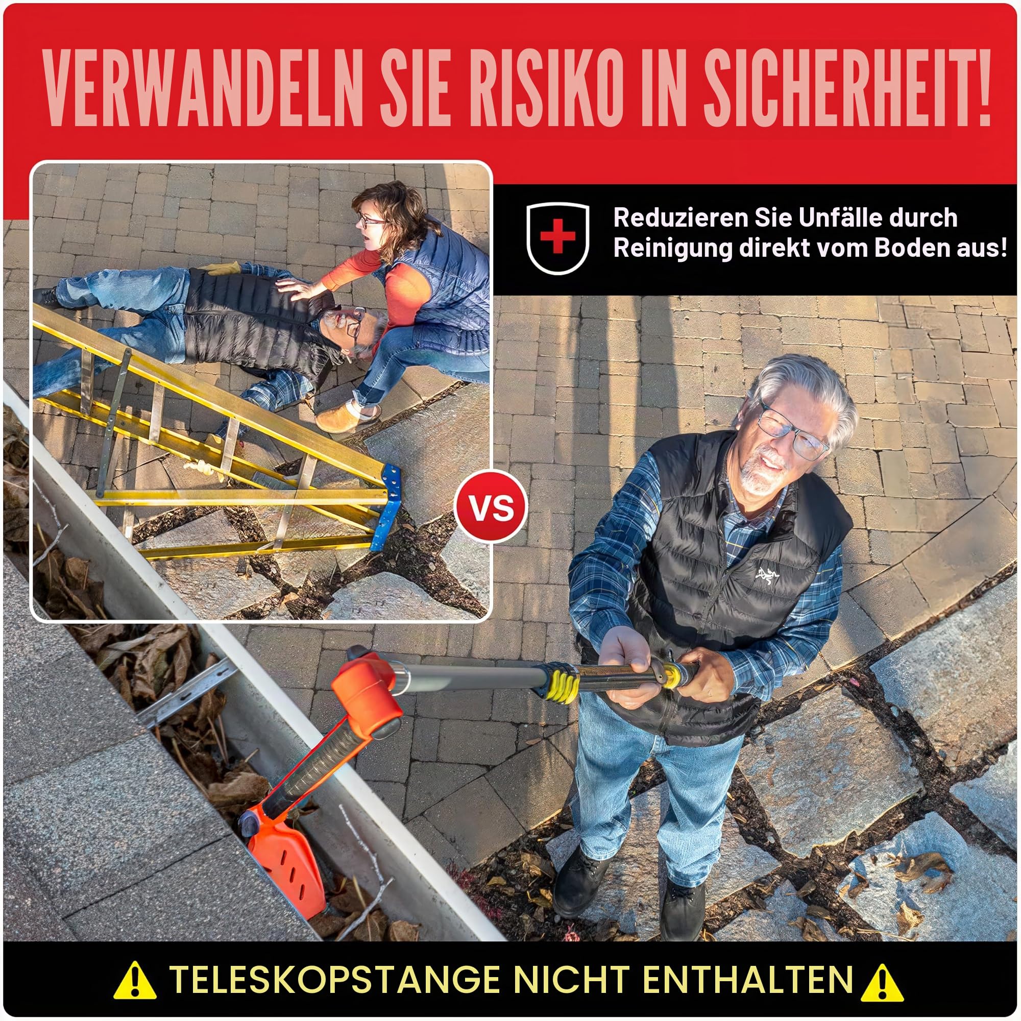 Mehrwinkel-Dachrinnenreiniger für die Reinigung vom Boden – Aufsatz für Gewindestangen mit Dachrinnenschaufel & Bürste zur Reinigung von Regenrinnen & zum Entfernen von Laub aus Dachrinnenschutz