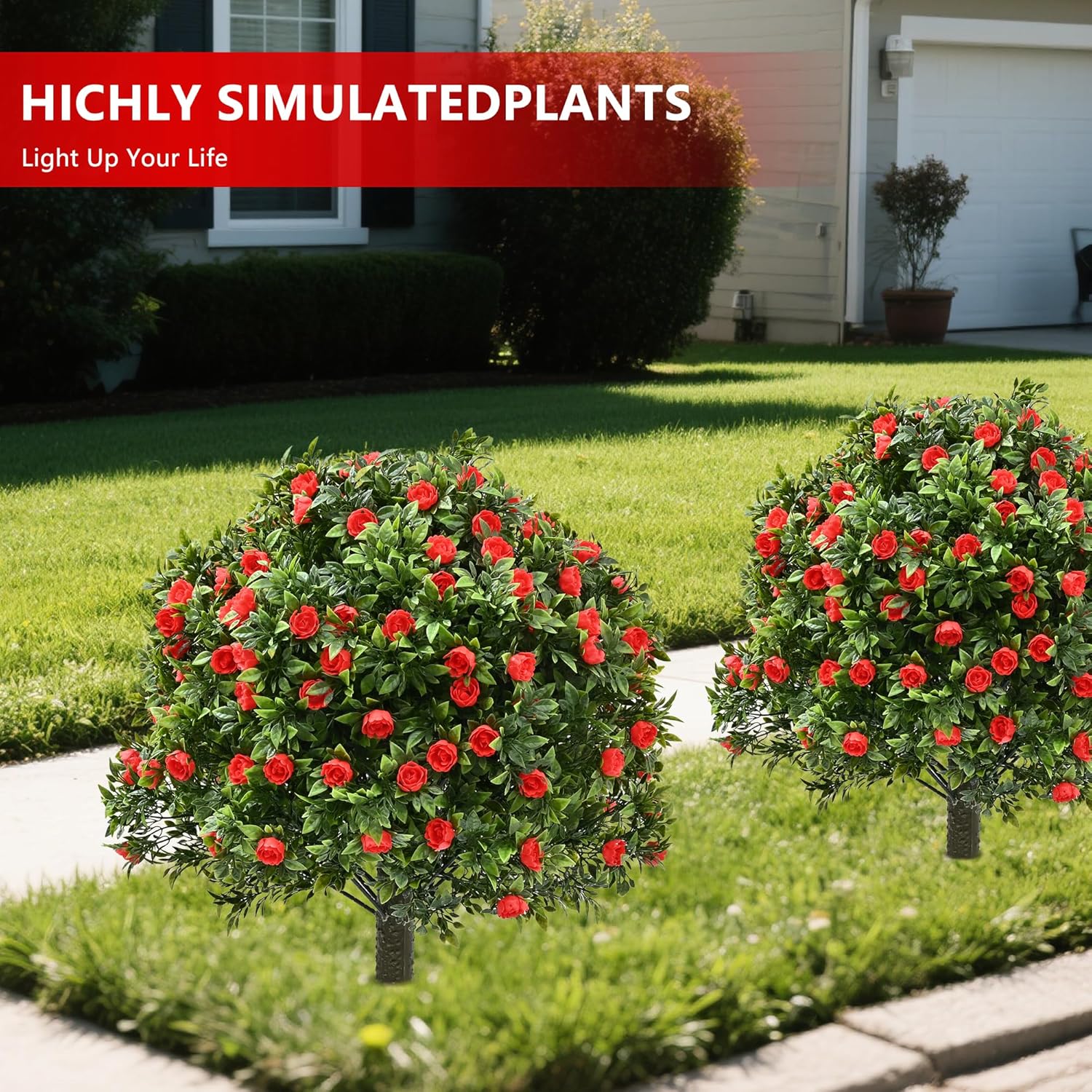 28" Artificial Boxwood Topiary Tree with Rose, Set of 2 Artificial Shrub Bushes with Ground Spike, Fake Evergreen Tree for Porch, Artificial Plants for Outdoor Planters Indoor UV Resistant - Image 3