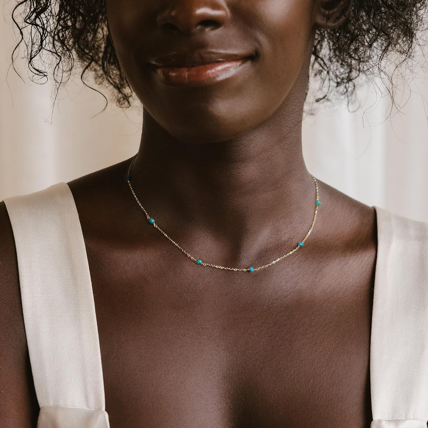 MYEARS Women Bead Choker Station Necklace Gold Gemstone 14K Simple Dainty Handmade Chain Everyday Boho Beach Jewelry - Image 3