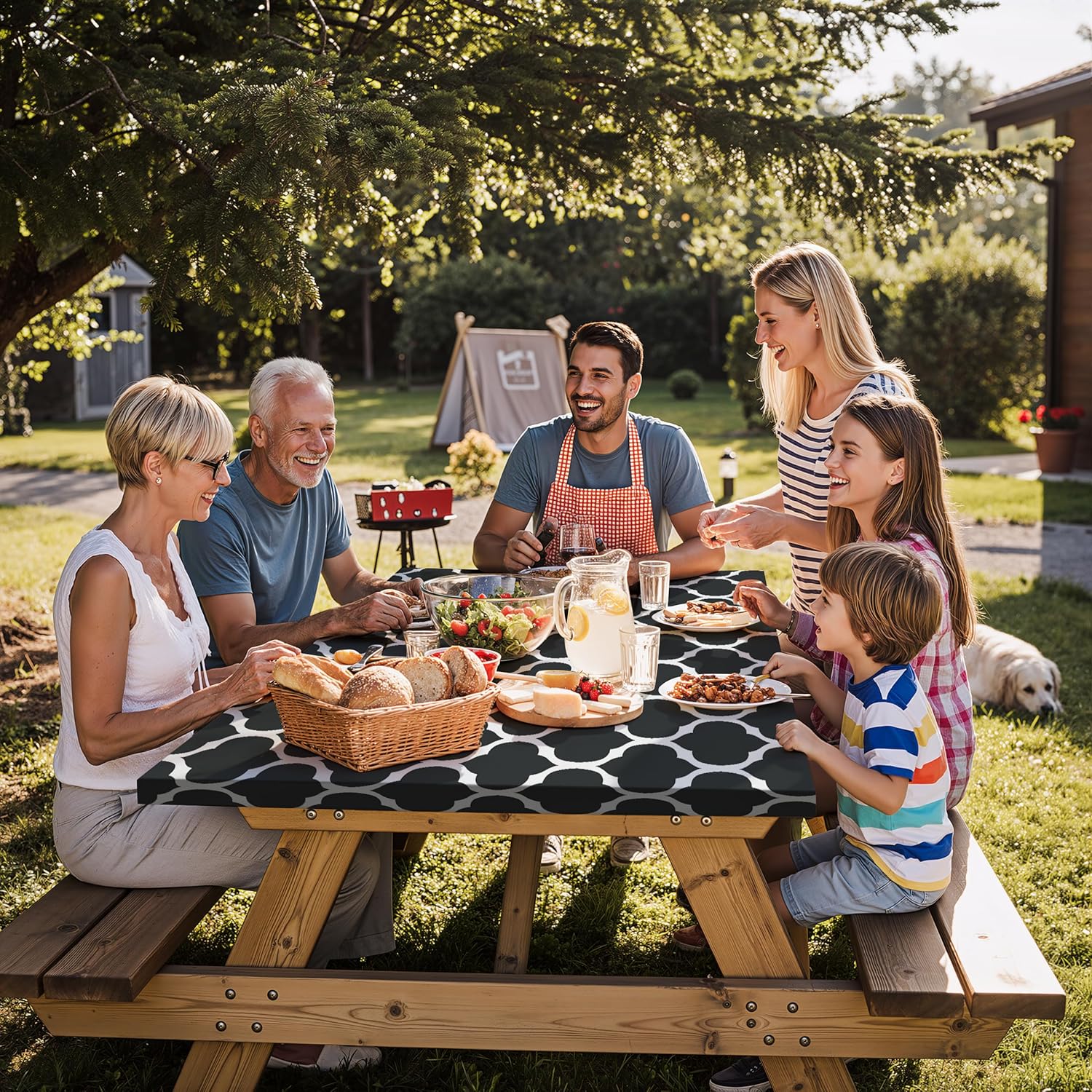 Fitted Picnic Table Cover with Chair Covers Elastic Water Resistant Camping Tablecloth for 8 Foot Rectangle Tables Garden Patio Outdoor Organization Road Trip Hiking Motorhome Essential Gift