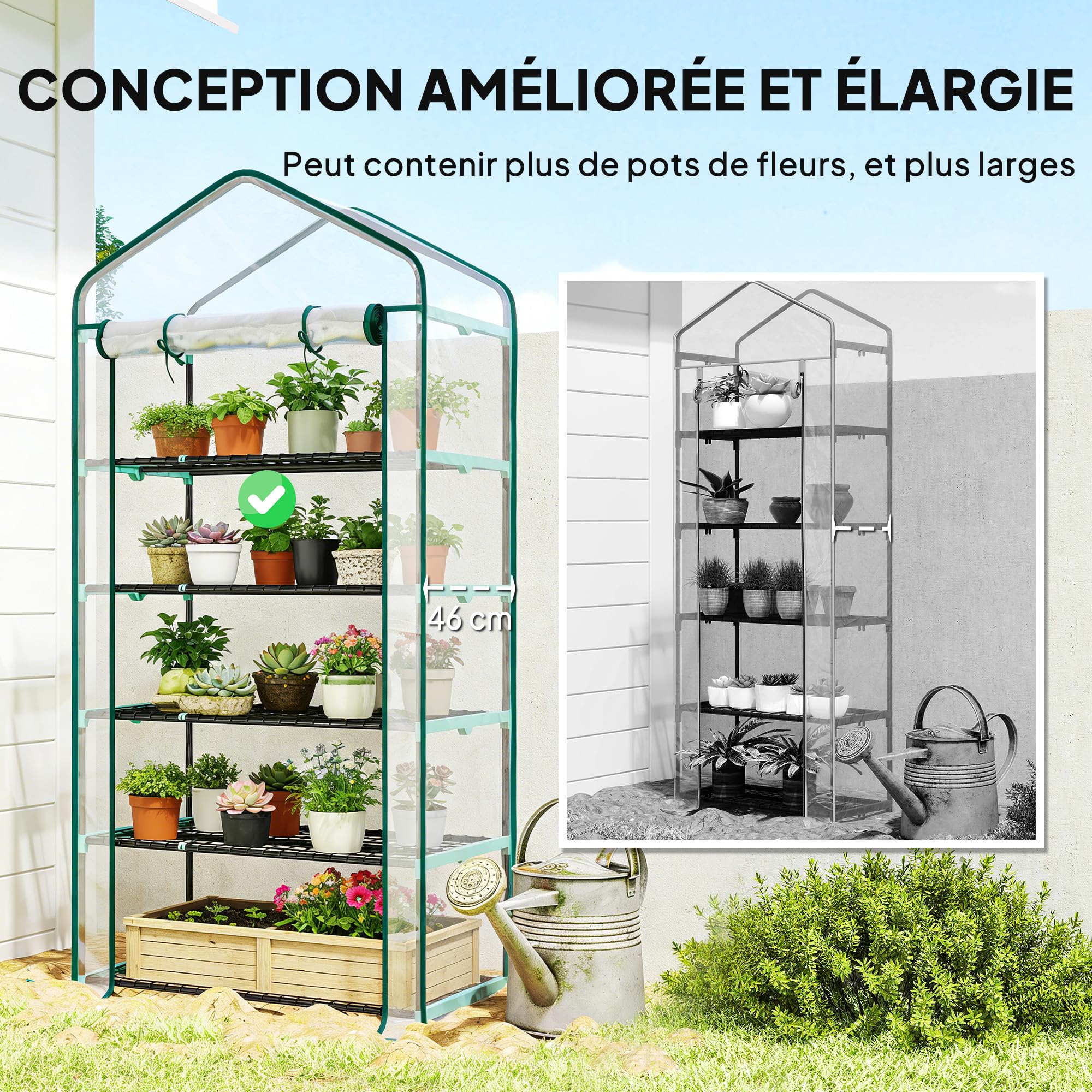 Outsunny Gewächshaus mit 5 Regalen 90x49x193cm Transparent | Balkongewächshaus, verstärkte Abdeckung, Stahlrahmen, aufrollbare Reißverschlusstür, für Gemüse, Pflanzen, Blumen.