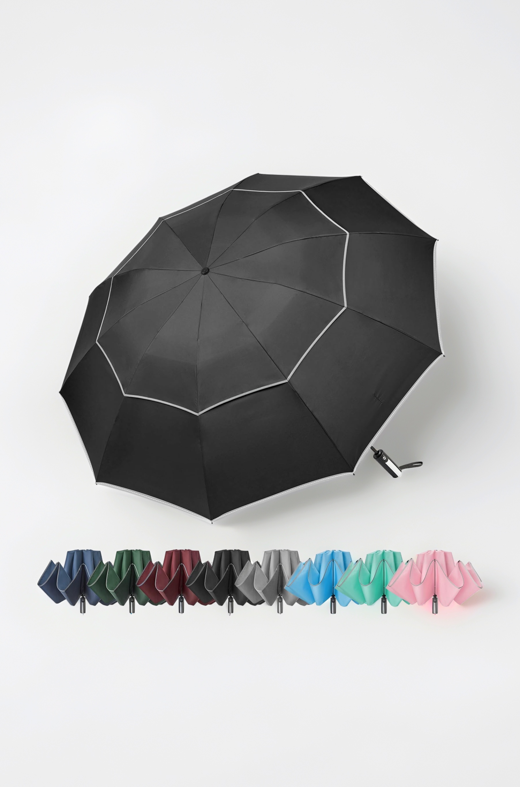 62 Inch Windproof Inverted Umbrella with Reflective Stripe Large Compact Reverse Golf Umbrella for Rain 10 Ribs Double Canopy Travel Umbrella Automatic Open Close