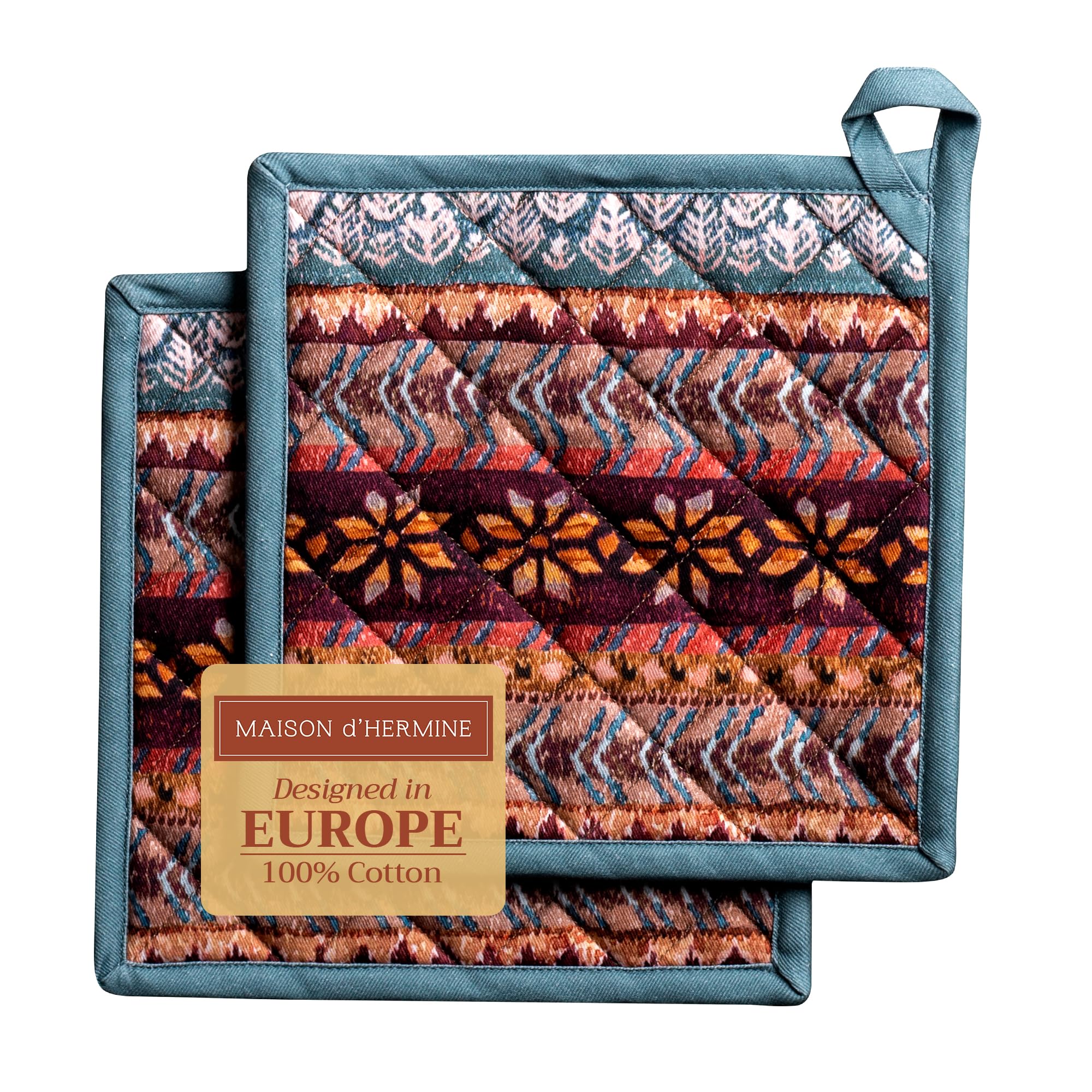 Maison d' Hermine Pot Holders Set 100% Cotton Heat Resistant Potholders 20 cm x 20 cm Hot Pads with Loop for Christmas Decorations BBQ Cooking Baking Handling Hot Pans (Pack of 2, Fair Isle)