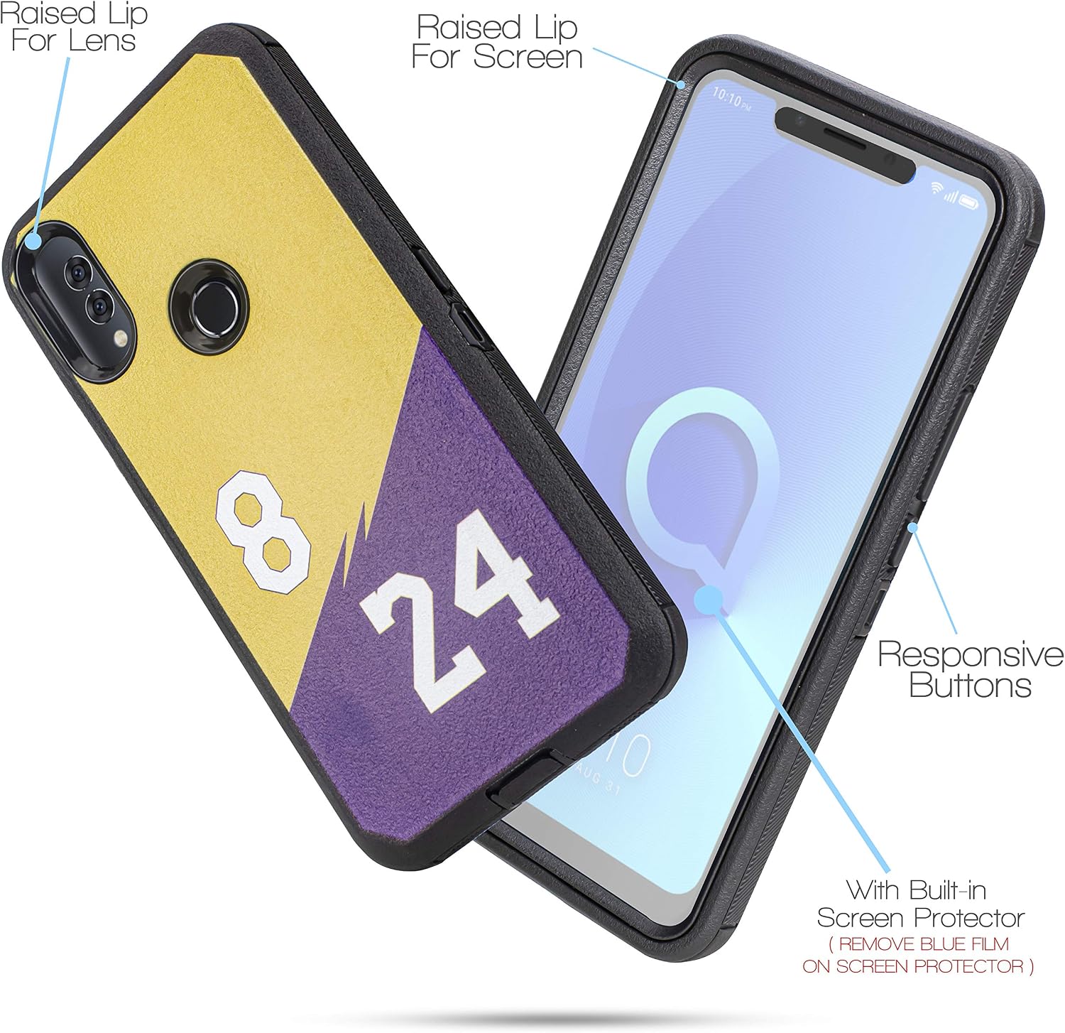 Alcatel 3V 2019/5032W (Will Not Fit Alcatel 3V 2018), Customerfirst Full Heavy Duty Defender Holster Body Armor Case with Belt Clip & Built in Screen Protector (Purple Yellow)