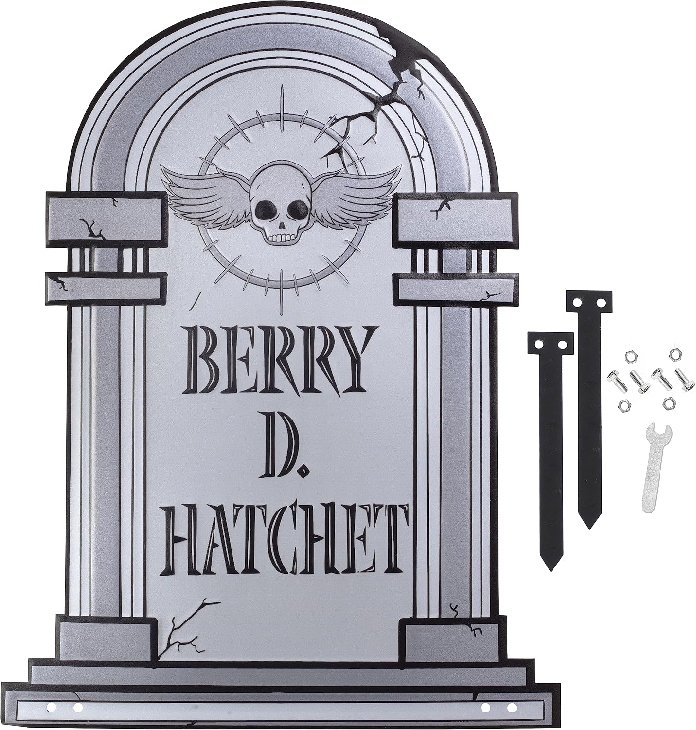 3-D Metal Halloween Ghost XL 17" Tombstone w Stakes -BERRY D HATCHET- Durable, Rustproof, UV Raised Printing- Upgrade Your Haunted House Mansion w Cemetary Lawn Decor- No More Flimsy Foam Graveyards
