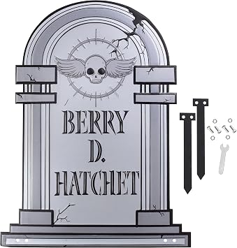 3-D Metal Halloween Ghost XL 17" Tombstone w Stakes -BERRY D HATCHET- Durable, Rustproof, UV Raised Printing- Upgrade Your Haunted House Mansion w Cemetary Lawn Decor- No More Flimsy Foam Graveyards