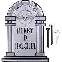 3-D Metal Halloween Ghost XL 17" Tombstone w Stakes -BERRY D HATCHET- Durable, Rustproof, UV Raised Printing- Upgrade Your Haunted House Mansion w Cemetary Lawn Decor- No More Flimsy Foam Graveyards