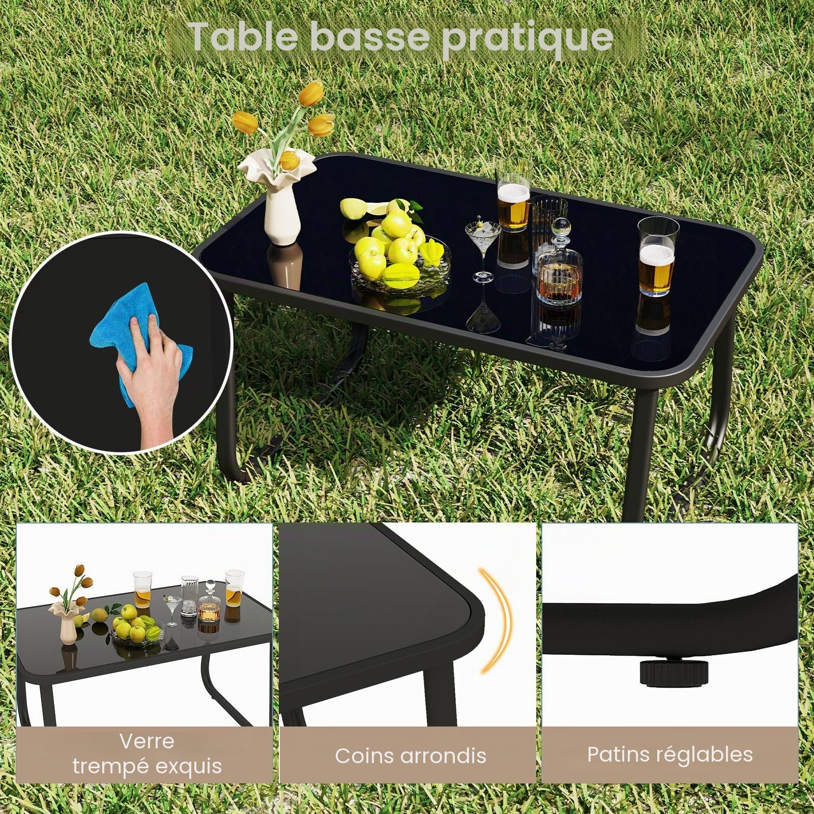 GIANTEX Salon de Jardin 4 Personnes, Table Extérieure avec 2 Chaises à Bascule en Tissu Respirant, 1 Canapé, Table Basse en Verre, Mobilier Jardin pour Balcon, Cour, Piscine (Marron)