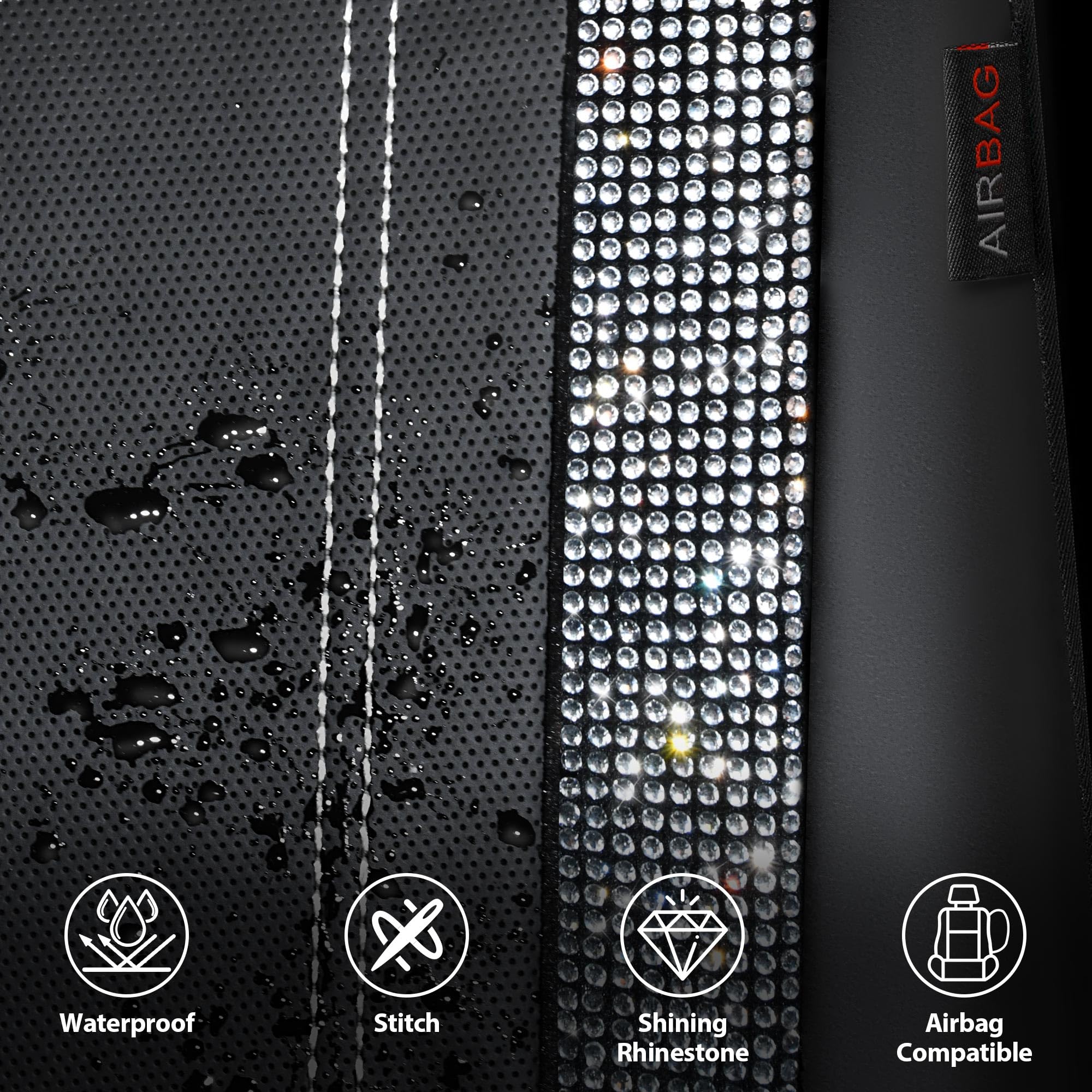 CAR PASS Leather Bling Diamond Car Seat Cover 2 Front Interior Sets, Waterproof Universal Shining Glitter Crystal Sparkle Fit for 95% Automotive Truck SUV Cute Women Girl, Black Silver Rhinestone