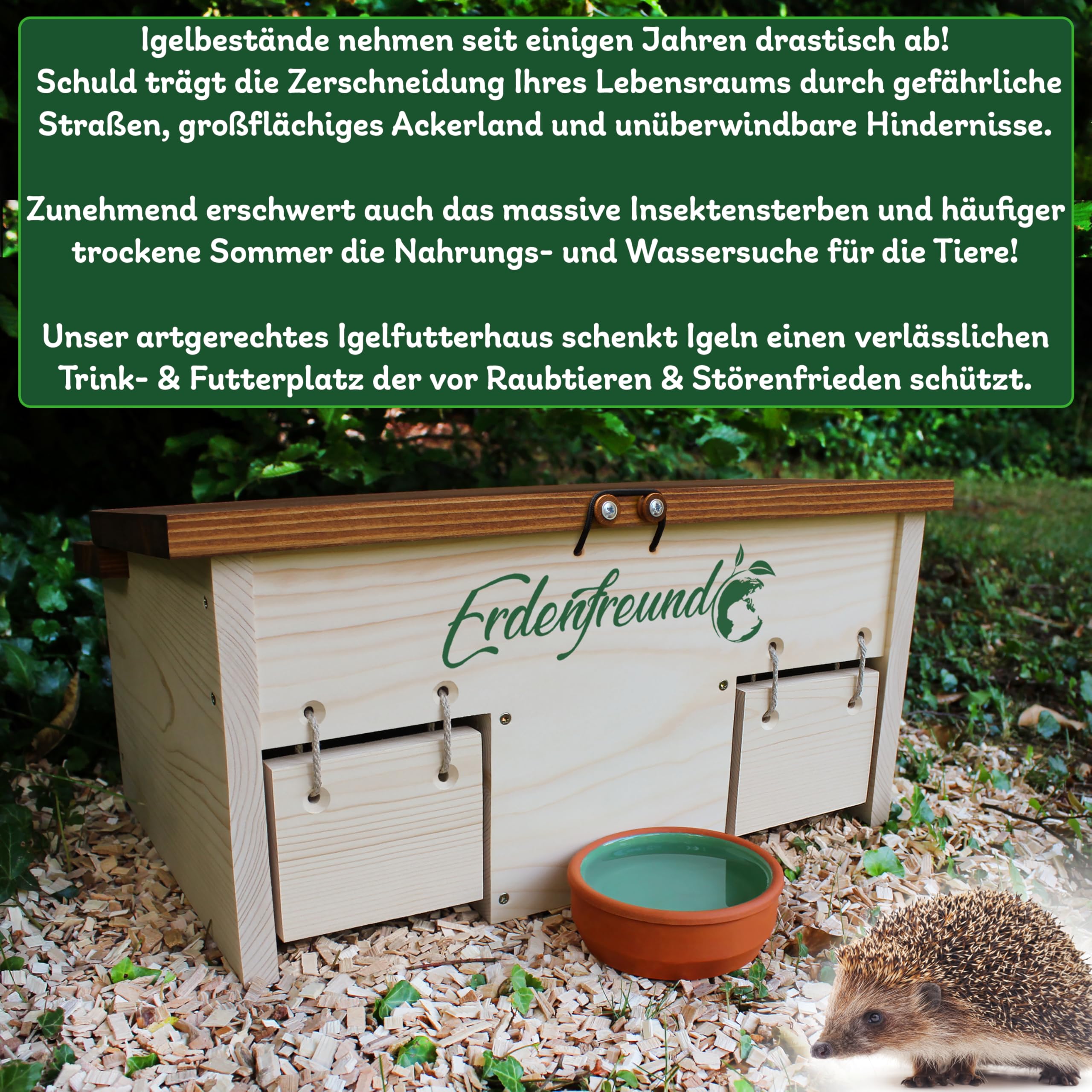 ERDENFREUND® Igelfutterhaus mit Rattenklappe + 2er Set Wasser- & Futternapf Igelhaus mit Rattenklappe artgerecht 2 Labyrinth Eingänge & Dachverschluss(Igelfutterhaus inkl. 2er Set Wasser-& Futternapf)