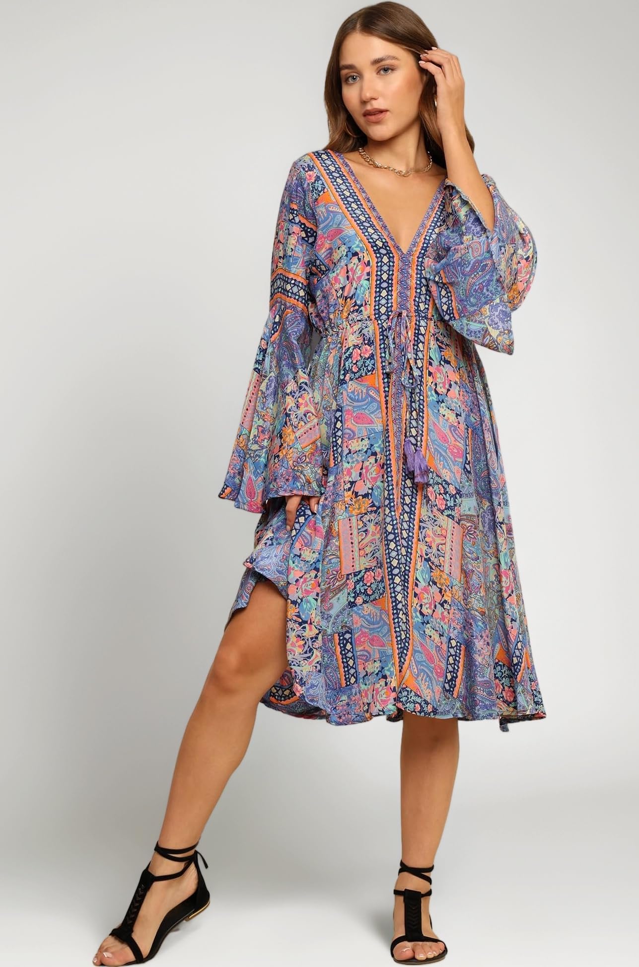 KE KANHA EXPORTS Dress for Woman - Short Dress & Long Dress Latest Stylish Unique Border Design and Tassel Stretchable with Adjustable Drawstring fit and Flare Dress Beach wear