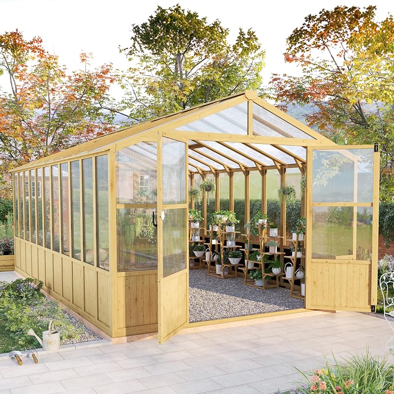 Jocisland 10 x 18-Ft Wooden Greenhouse | Walk-In Cedar Frame, Lockable Door, 2 Adjustable Roof Vents, Polycarbonate Panels, for Outdoor Garden and Backyard
