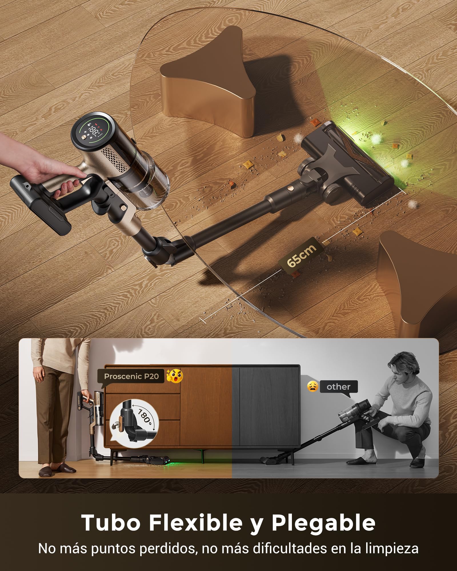 Proscenic P20 Aspiradora sin Cable 70kPa/680W/70Mins, Autoportante con Barra Plegable, Limpia Bajo Muebles sin Agacharte, Aspiradora con Cepillo Anti-Enredo para Pelo de Mascotas/Suelos/Alfombras - 5