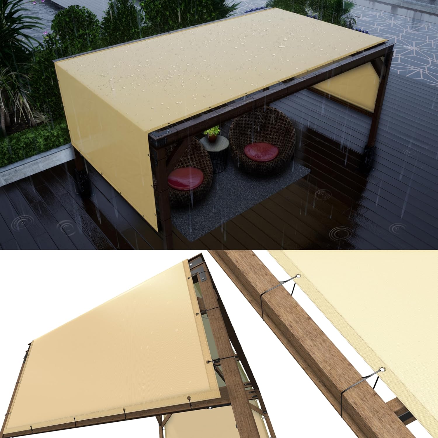 ColourTree 12' x 24' Beige Waterproof Pergola Sun Shade Canopy Replacement Cover UPF50, Commercial Grade 260 GSM Cloth for Outdoor Patio, Garden, Deck, Backyard (We Make Custom Size)