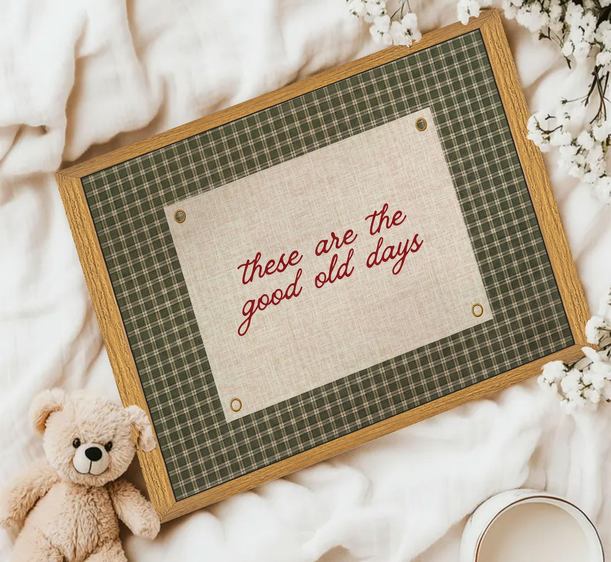 Framed These Are The Good Old Days Canvas Wall Art Happy Positive Quote Motivational Gingham Wall Decor Picture Inspirational Family Poster Print for Living Room Bedroom Bathroom Home Decoration — view 4