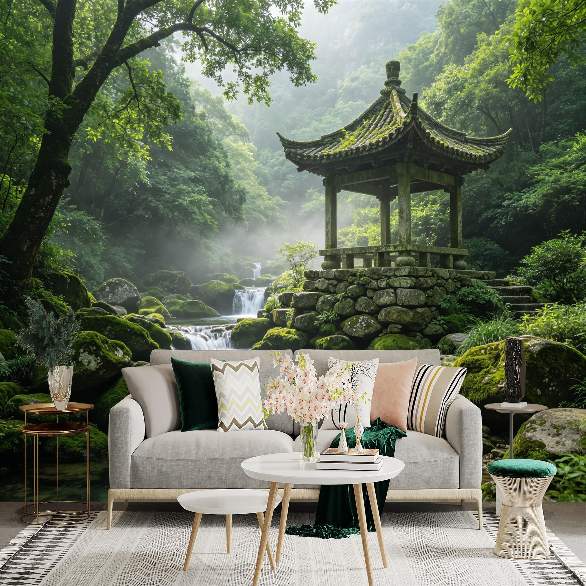 Custom Size Wall Sticker Mural， Tranquil Forest Waterfall with Stone Pavilion and Lush Greenery， for wall Decoration， peelandstick wall Decals.