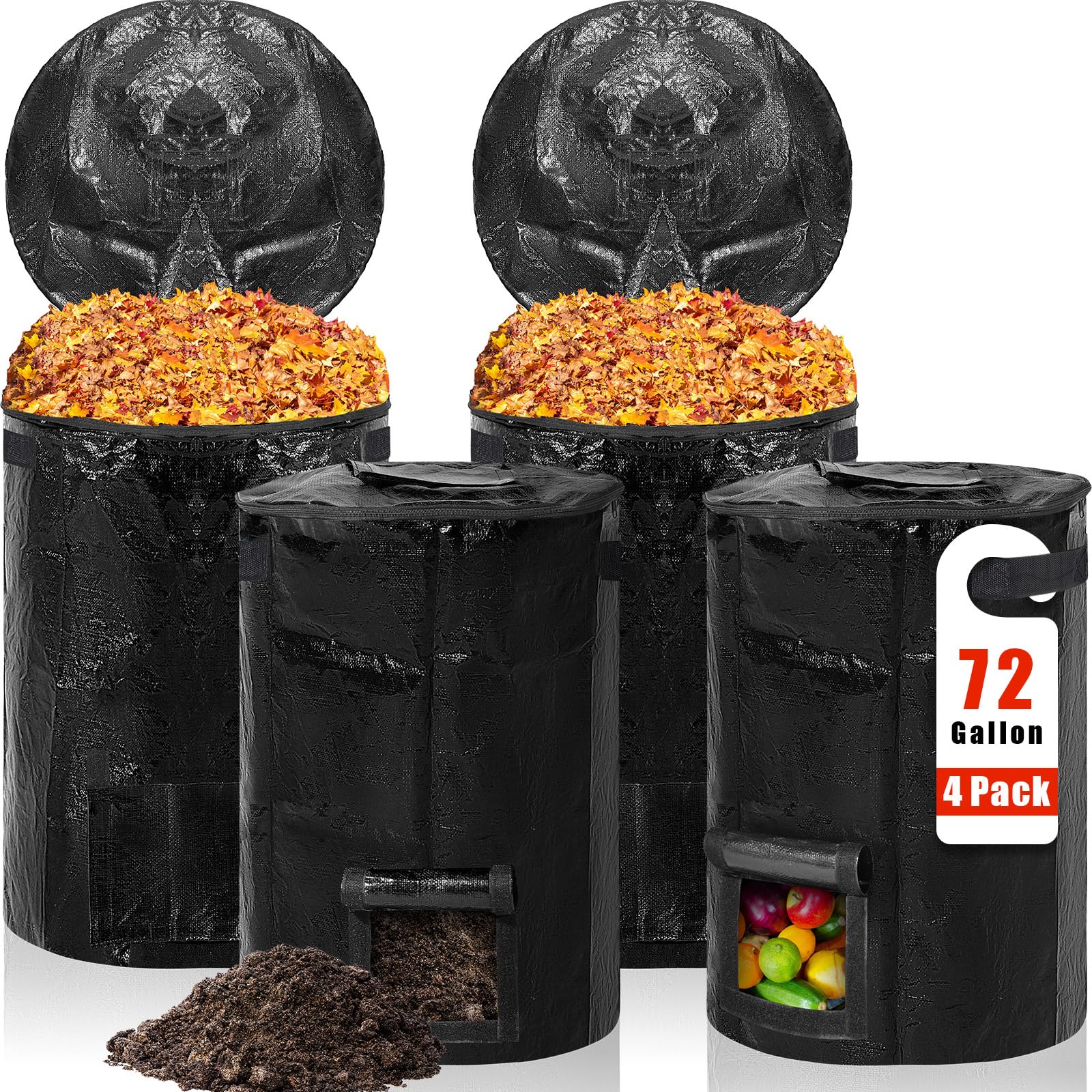 Berlune 4 sacchetti riutilizzabili per rifiuti da giardino, con coperchio e manici, per raccogliere foglie e rami della spazzatura, adatti per cortile, giardino, cantiere (nero, 180 litri)