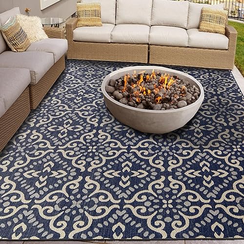 Gertmenian Nautical Indoor/Outdoor Classic Flatweave Area Rug, Perfect Carpet for Deck Patio or Mudroom, 6x9 Ft Medium, Floral Medallion, Navy Blue, 21769