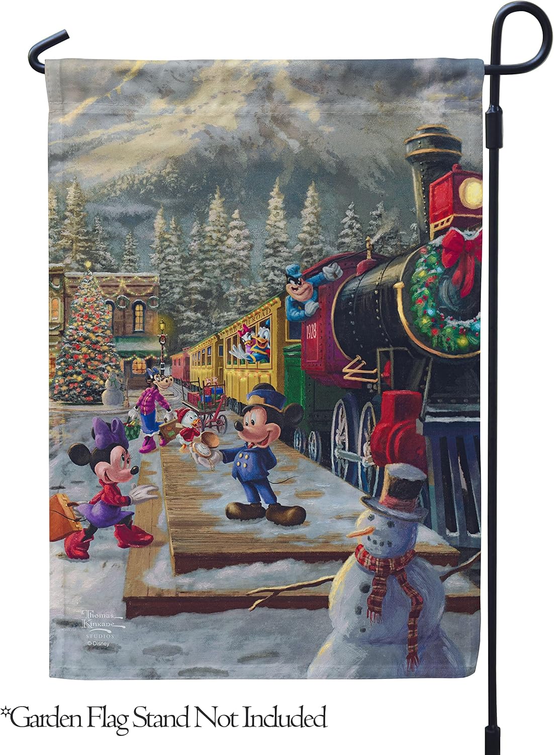 Flagology, Thomas Kinkade Disney, Mickey and Minnie Candy Cane Express – Garden Flag 12" x 18", Outdoor Flag, Officially Licensed Thomas Kinkade Disney, Christmas