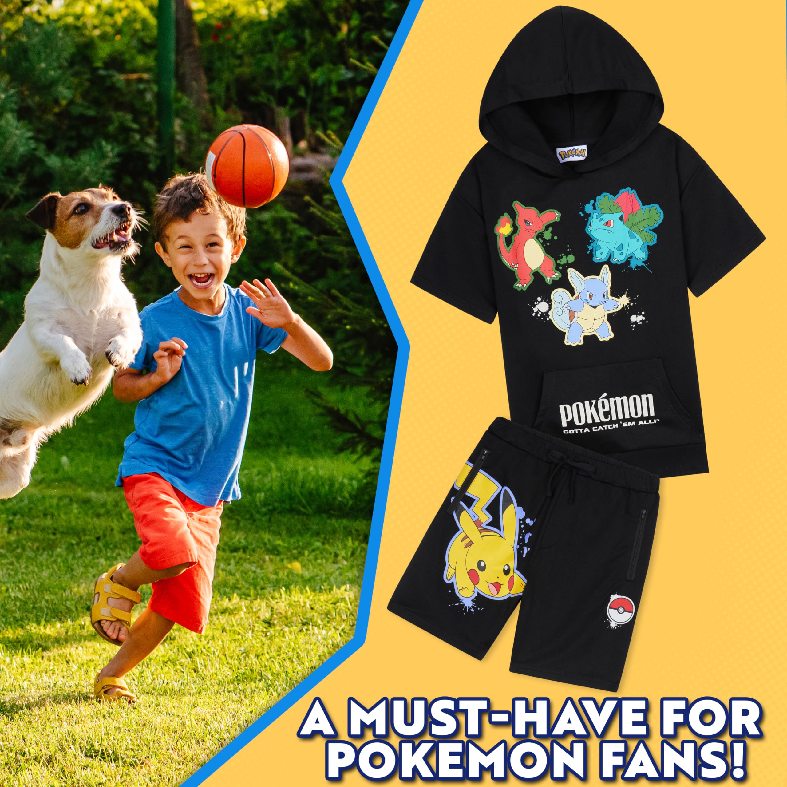 Pokémon Short à Capuche Survêtements Garçon et Ado 2 Pz Set Pikachu Manches Courtes Jogging Enfant Poches Zippées Cadeau Garcon