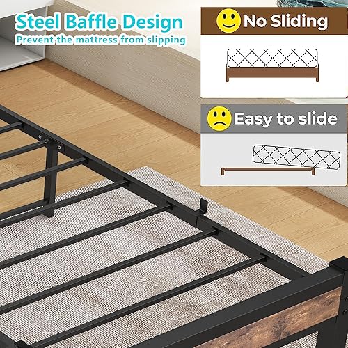 Miniatura 6 de DUMEE Base de cama tamaño Queen con cabecera de almacenamiento de madera, marcos de cama de plataforma Queen de metal, no necesita somier, sin