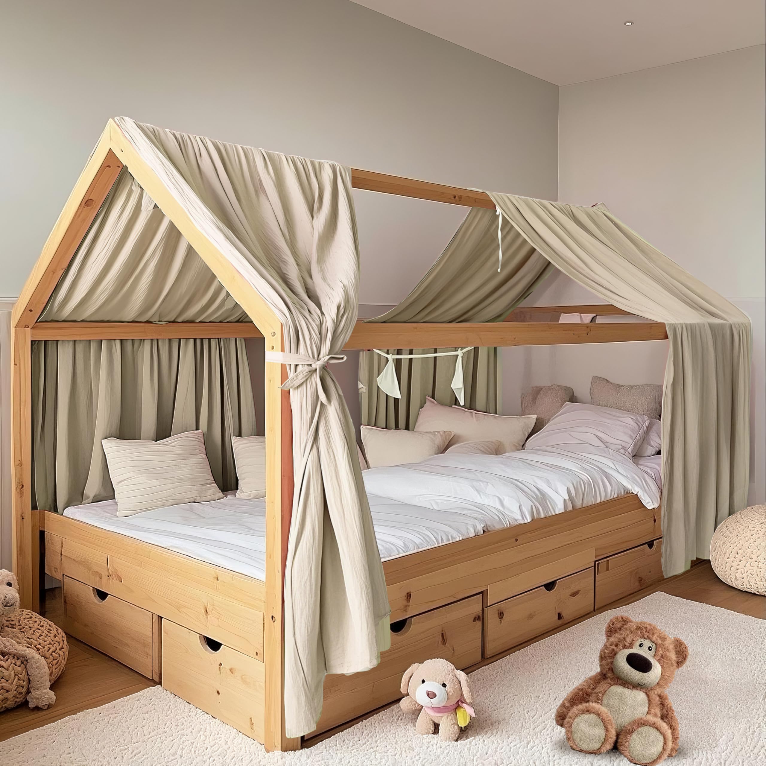 HOTUT Prinsessen Bedhemel, 2 Stuks 130x320cm Beddengoed Accessoires, 100% Biologisch Mousseline-Katoen Decoratieset, Bedhemel Decoratieset, voor Kinderbed, Jongens, Meisjes, Beige Grijs