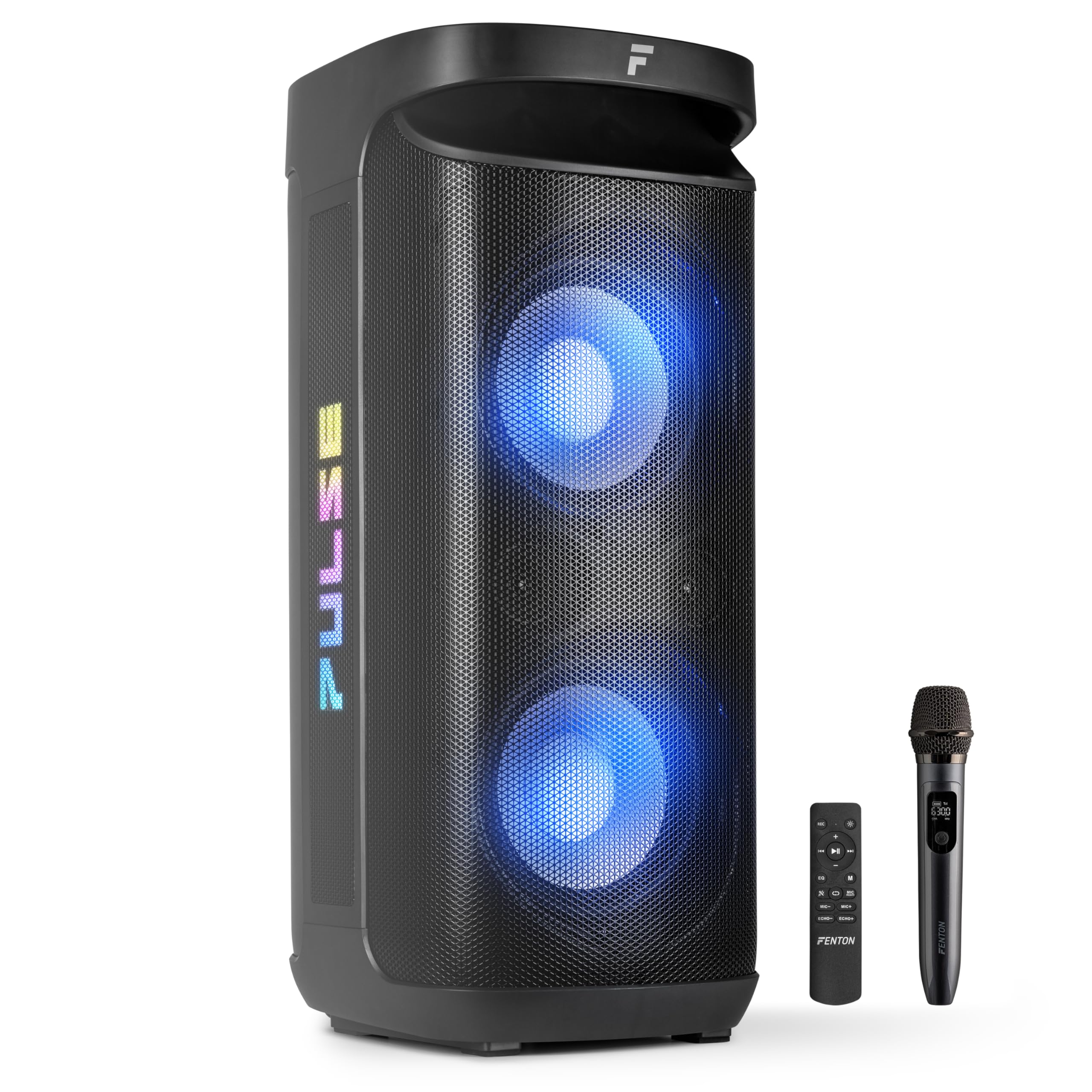 Fenton Pulse200 – Portable Bluetooth Speaker 400 W with Wireless Microphone, 12 H Battery, IPX4, USB, MicroSD, Powerful Outdoor Karaoke Machine Speakers with LED, Black
