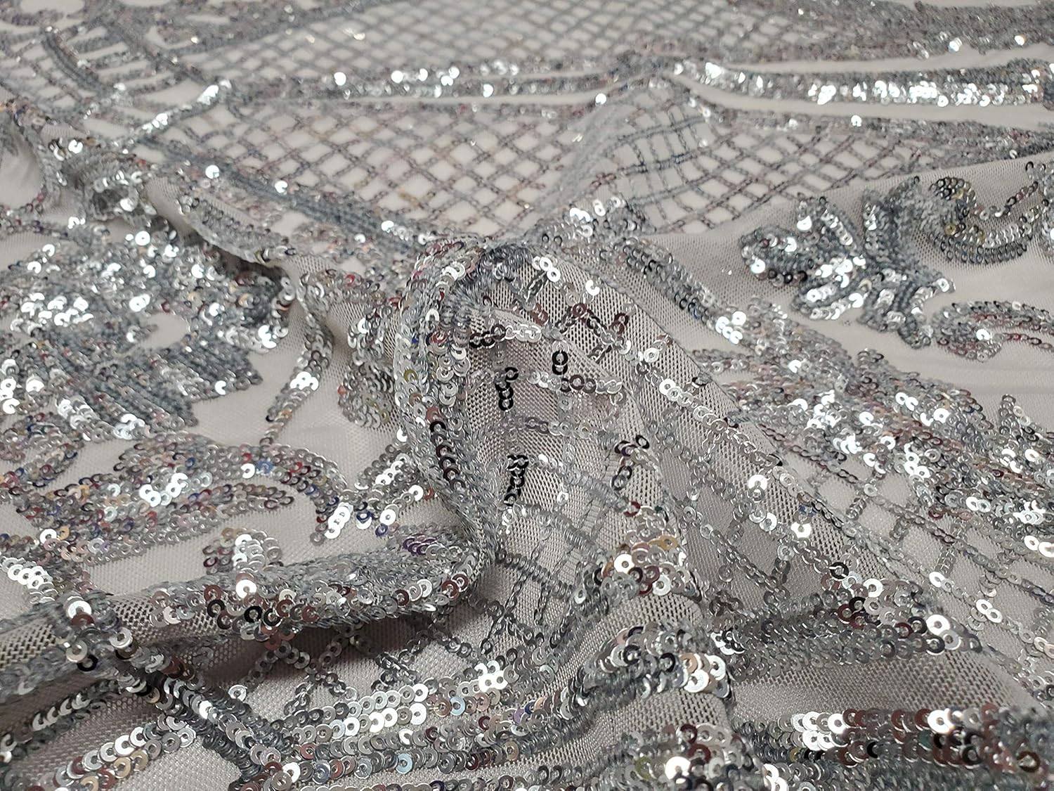 Melanie Design 4 Way Stretch Nylon Spandex Mesh Sequin Wedding Prom Quinceanera Fabric by The Yard (Silver)