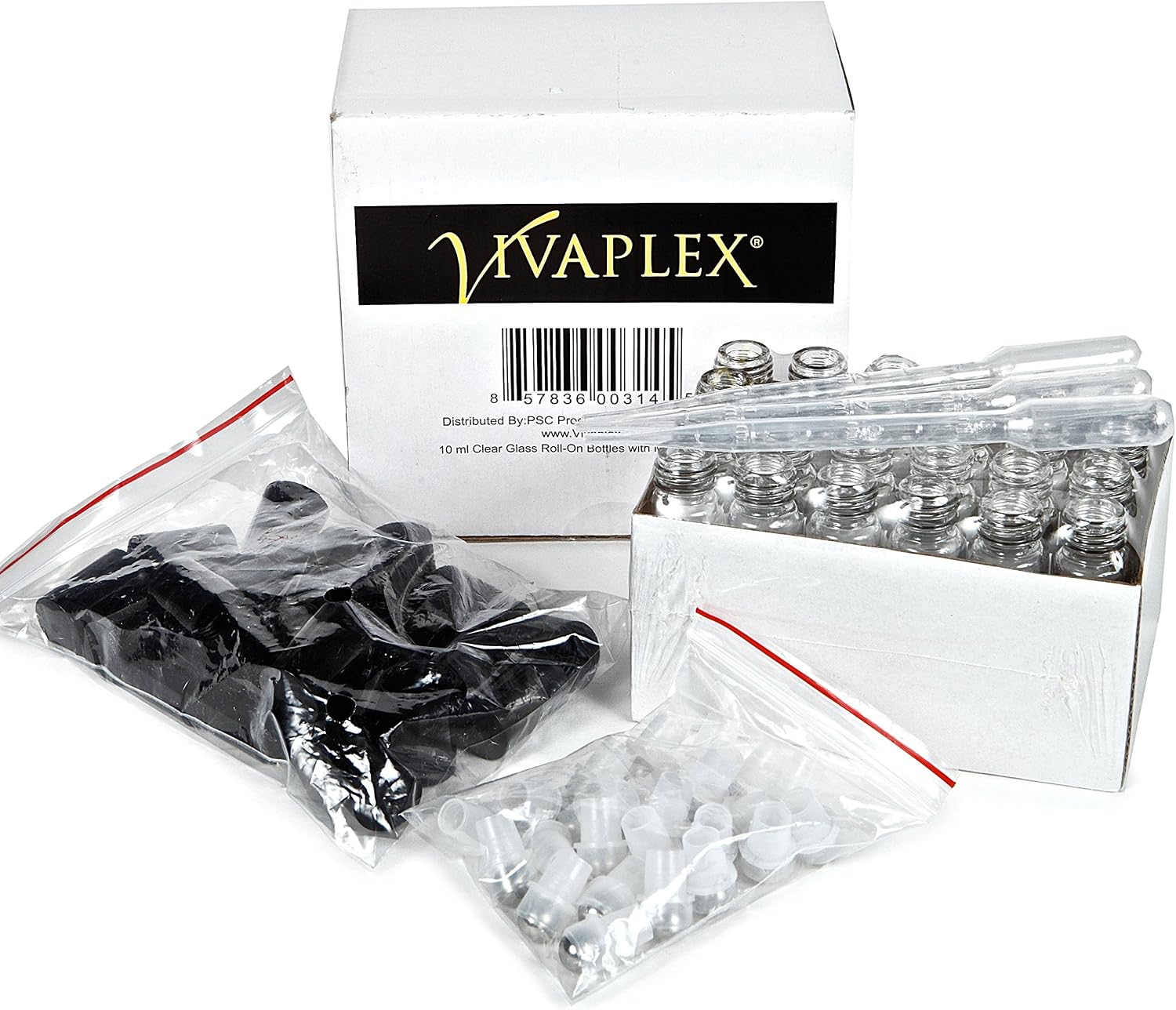 Vivaplex, 24, Clear, 10 ml Glass Roll-on Bottles with Stainless Steel Roller Balls. 3-3 ml Droppers included