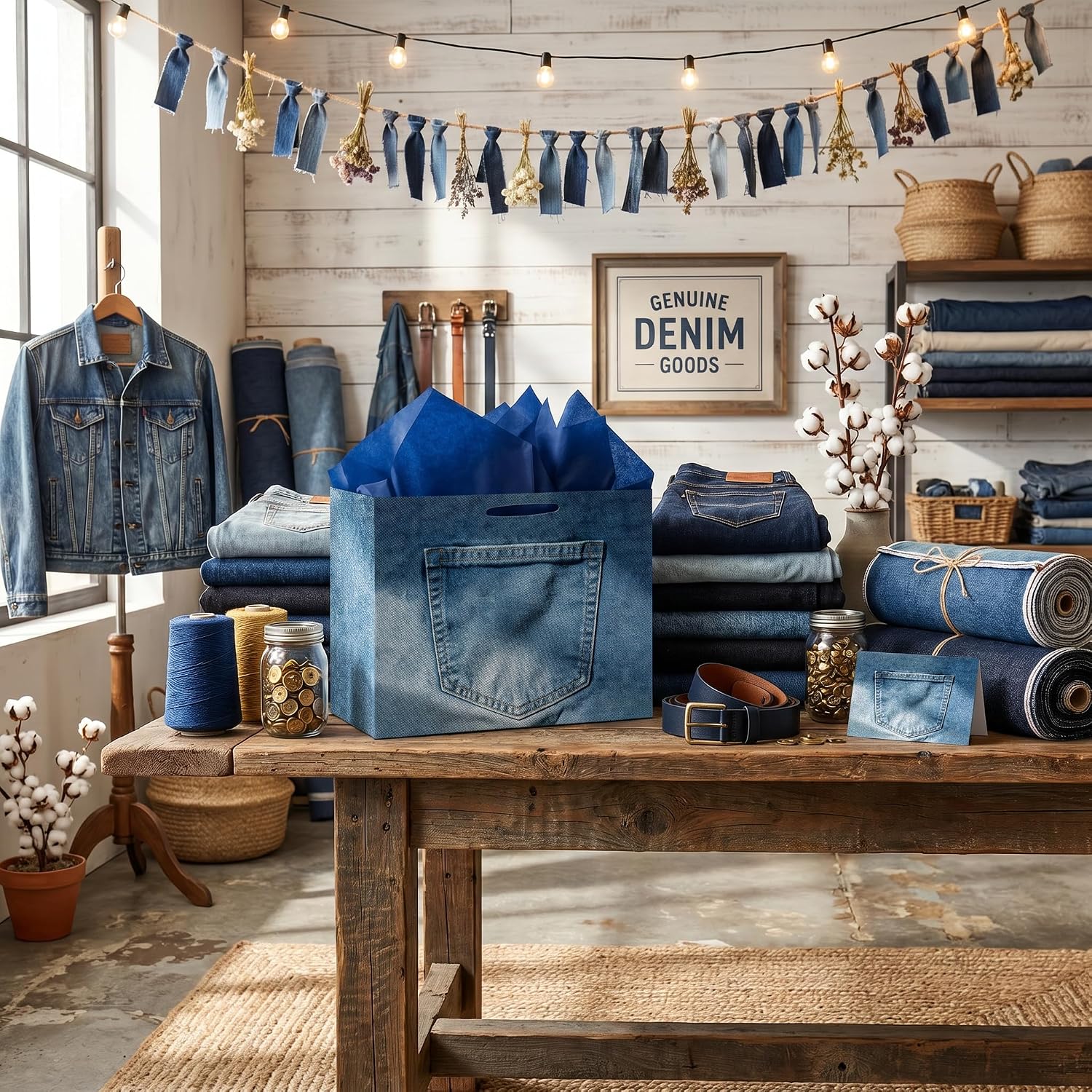 Hkshaoda Blue Jean Gift Bag Denim Gift Bag Realistic Jeans Pocket Wrapping Paper Bags with Tissue Paper Greeting Card Cowboy Birthday Decorations for Men Adults Boys Girls Cool Friends Party Favors image 3