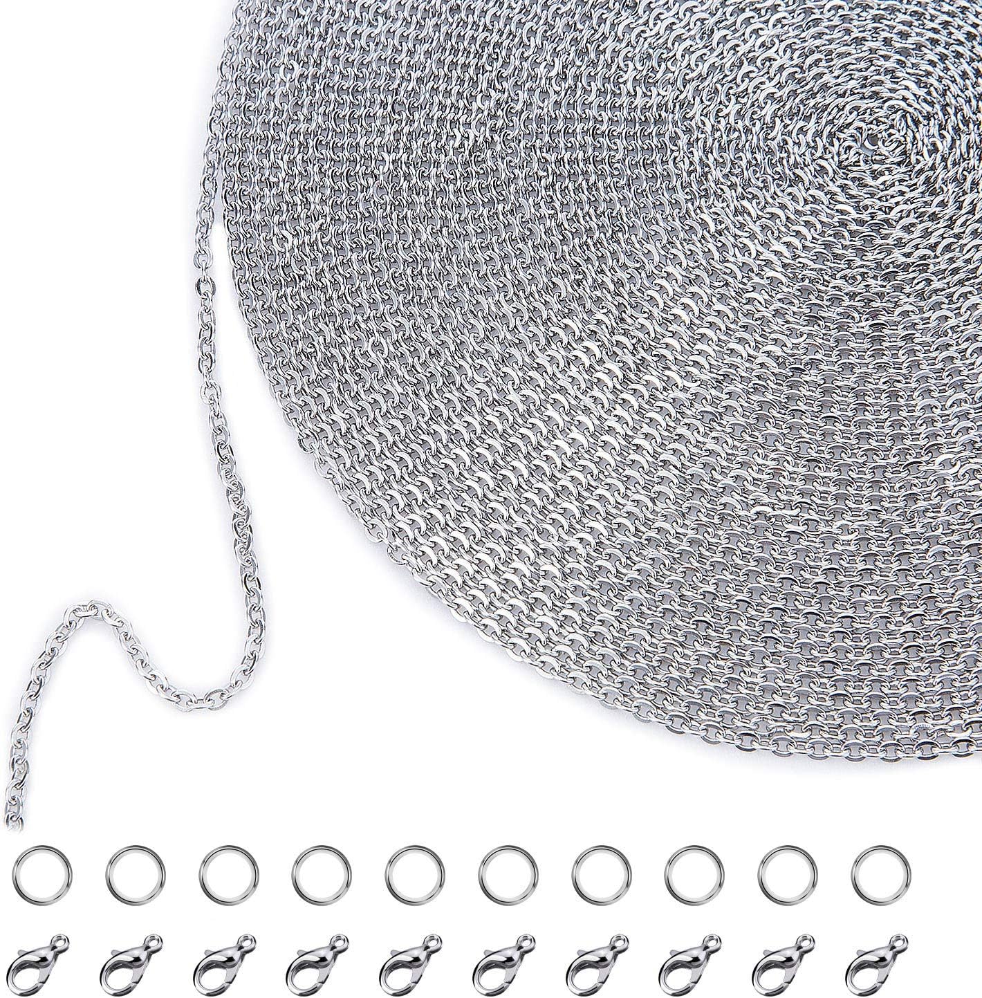 33 Feet Necklace Chains Stainless Steel DIY Link Chain Necklaces with 20 Lobster Clasps and 30 Jump Rings for Jewelry Making(1.5 mm Wide)