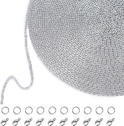Cadenas de collar de 33 pies, cadenas de eslabones de acero inoxidable para hacer joyería DIY con 20 cierres de langosta y 30 anillos de salto
