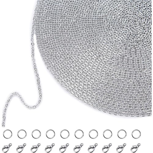 33 Feet Necklace Chains Stainless Steel DIY Link Chain Necklaces with 20 Lobster Clasps and 30 Jump Rings for Jewelry Making(1.5 mm Wide)