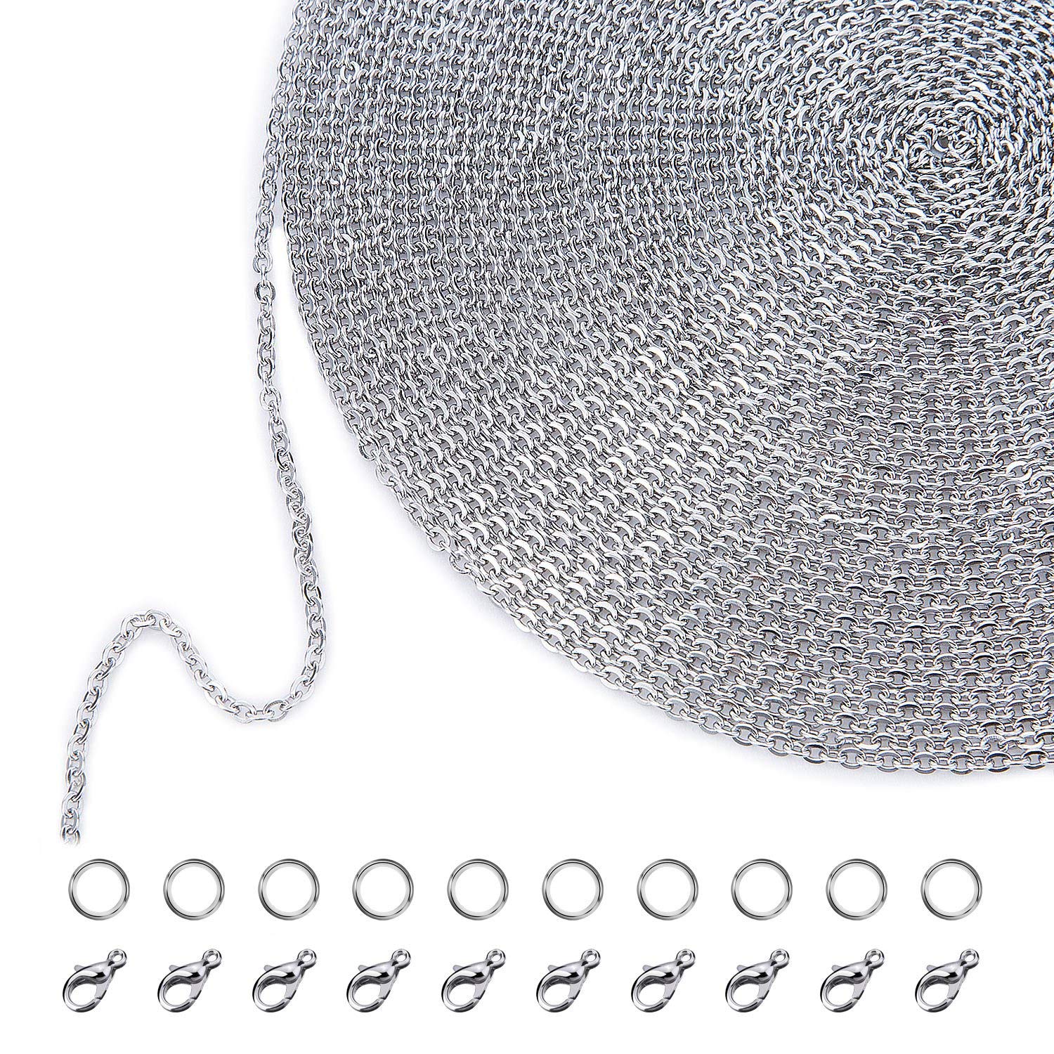 33 Feet Stainless Steel DIY Link Chain Necklaces with 20 Lobster Clasps and 30 Jump Rings for Jewelry Making (1.5 mm)