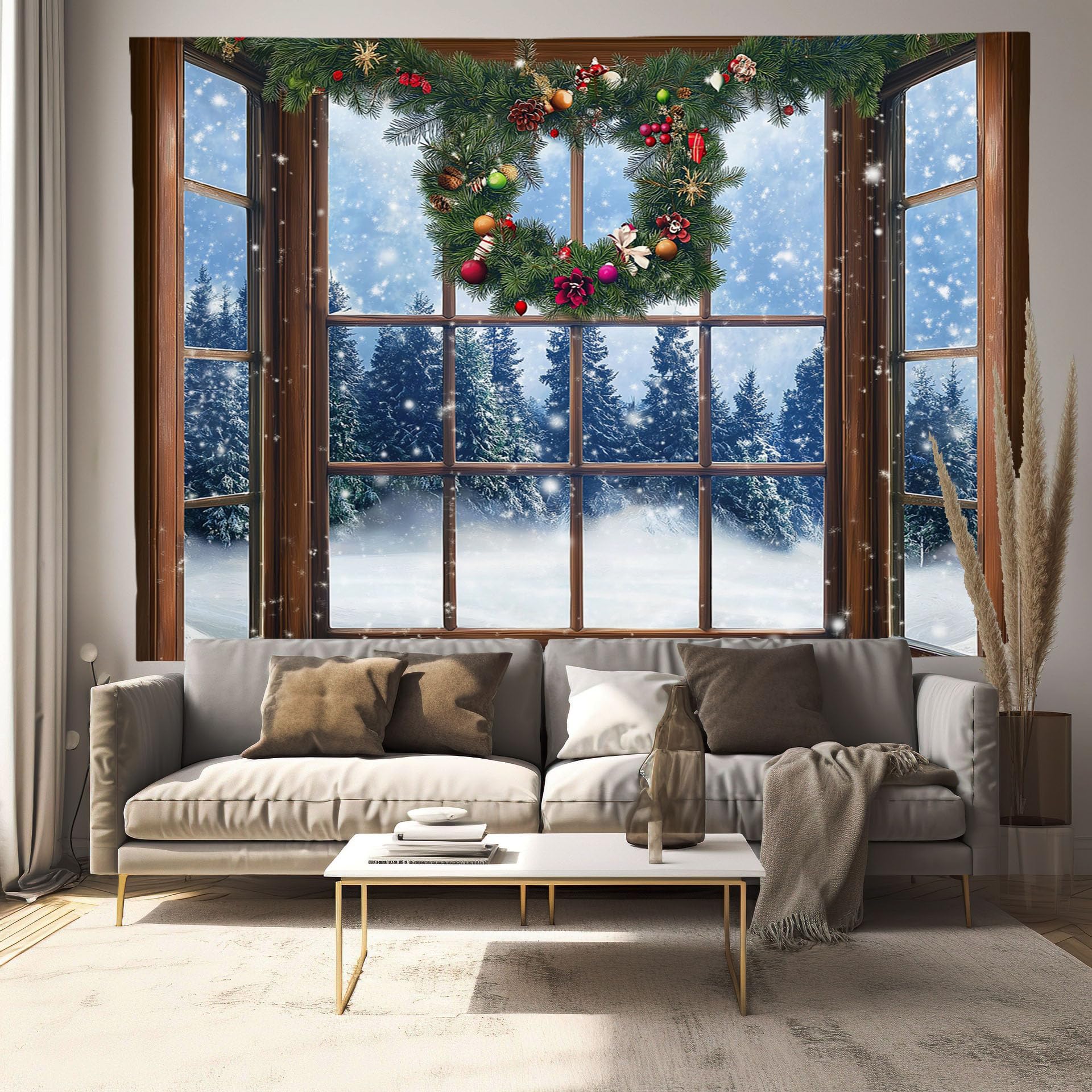 Tapiz de Navidad MULERN con diseño de ventanal y corona para pared 8