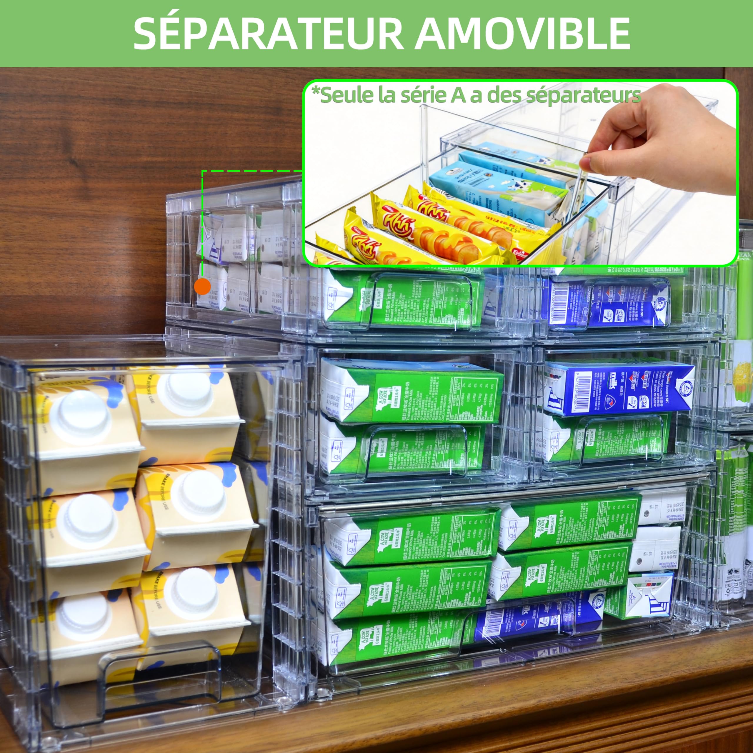 Lot de 2 Tiroirs de Rangement Empilables Transparent Petit Modèle, Organisateurs Acrylique avec Poignées, pour Réfrigérateur, Salle de Bain, Cuisine, Placard, Rangement Garde-Manger