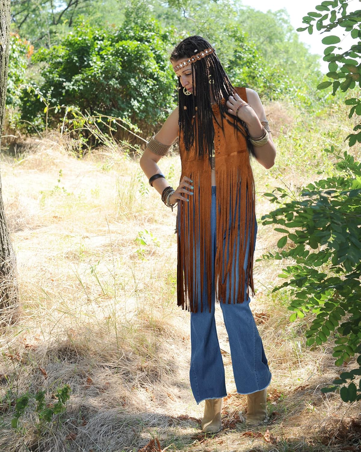 Yahenda 5 Pcs 70s Women Halloween Hippie Costume Set Fringe Vest Boho Flared Pant Peace Sign Earrings Headband and Necklace - Image 5