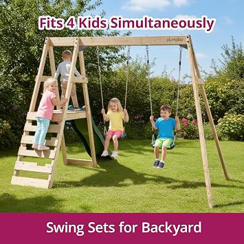 Plum Wooden Swing Sets for Backyard with Slide, Toddler Playground Playsets, Kids Outdoor Play Equipment, 2 Height Adjustable Swings, Climbing Wall Ladder, Play Deck, Sturdy, Weatherproof, Ages 3+ Yrs