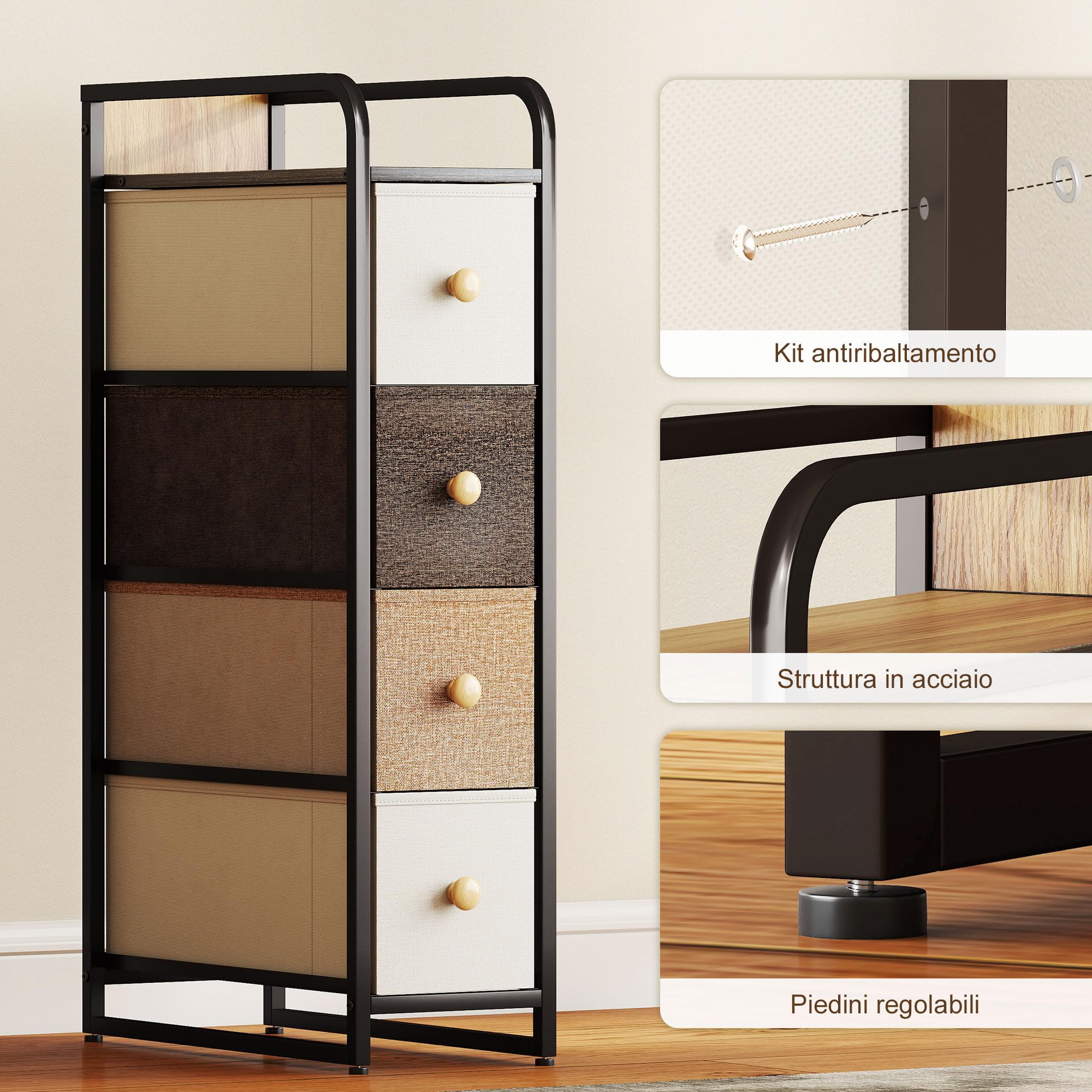 HOMCOM Cassettiera in Tessuto Slim Salvaspazio 20x47x84.5 cm Multicolore | 4 Cassetti Pieghevoli, Mobile con Cassetti Compatto in Acciaio, Camera da Letto Bagno Soggiorno